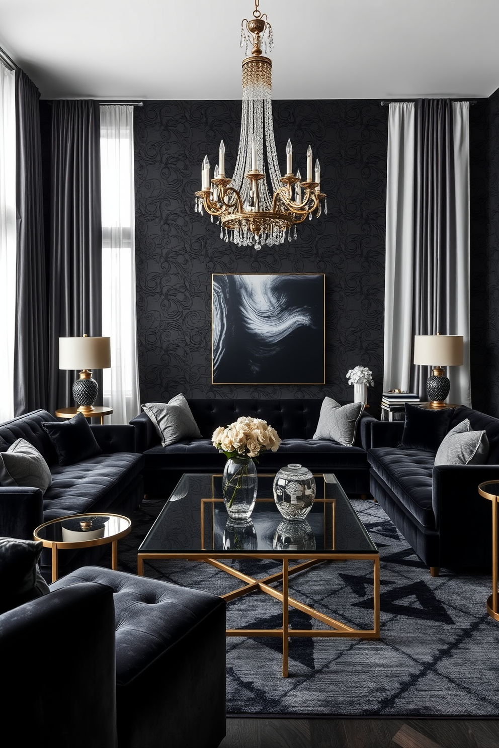 A luxurious black living room adorned with textured black wallpaper that adds depth and visual interest. The space features a plush velvet sofa in deep charcoal, complemented by gold accent tables and a sleek glass coffee table at the center. Large windows draped with sheer white curtains allow natural light to filter softly into the room. A statement chandelier hangs from the ceiling, casting a warm glow over the inviting atmosphere.