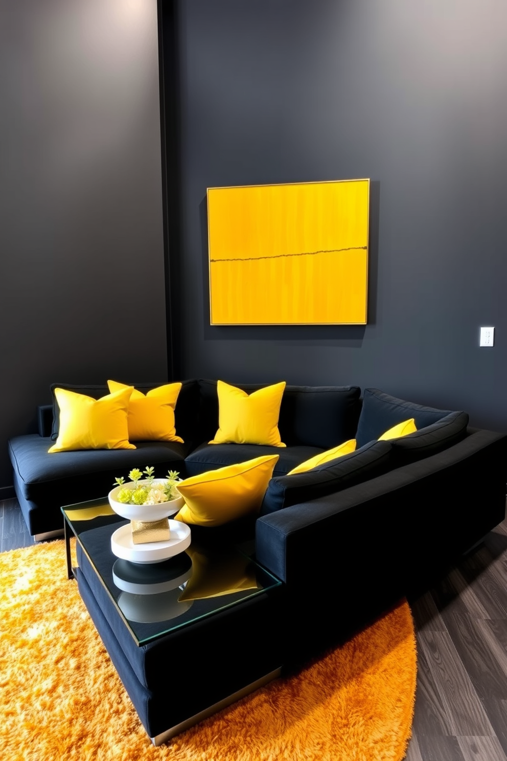 A sleek black living room features a plush black sectional sofa positioned in front of a modern glass coffee table. Bright yellow accents are introduced through decorative pillows and a vibrant area rug, creating a striking contrast against the dark furnishings. The walls are painted in a deep charcoal hue, enhancing the sophisticated ambiance of the space. A bold mustard yellow artwork hangs above the sofa, drawing attention and adding a pop of color to the overall design.