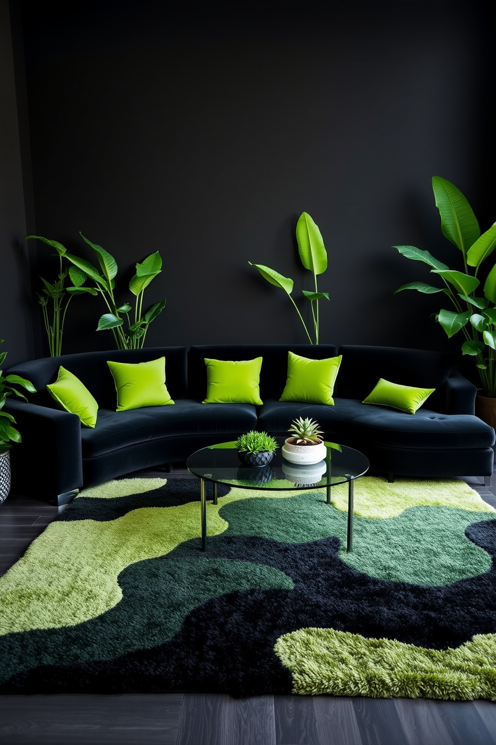 A stylish living room featuring a rich black sectional sofa adorned with vibrant green cushions. Large potted plants are strategically placed in the corners, adding a touch of nature and contrast to the sleek black furniture. The walls are painted in a deep charcoal hue, creating a cozy and sophisticated atmosphere. A modern coffee table with a glass top sits at the center, surrounded by a plush area rug that incorporates shades of green and black.