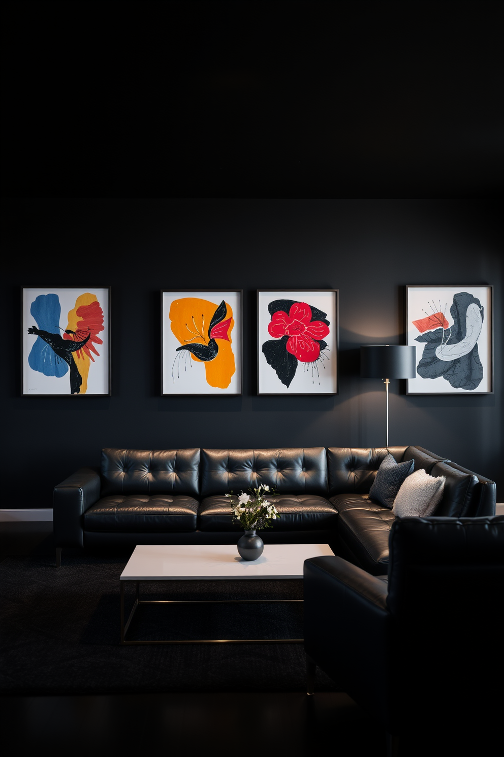 A contemporary living room featuring black walls adorned with striking abstract art pieces. The space is furnished with a sleek black leather sofa and a minimalist coffee table, creating a bold yet inviting atmosphere. The art pieces include vibrant colors that contrast sharply with the dark backdrop. Ambient lighting highlights the artwork, enhancing the overall modern aesthetic of the room.