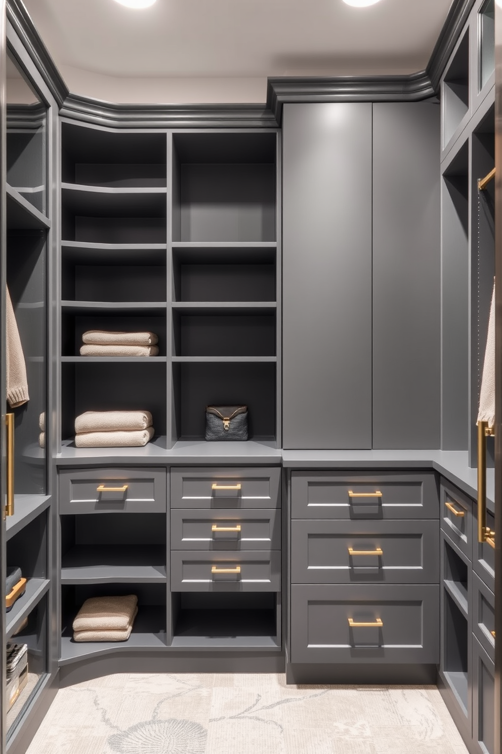 A sleek gray walk-in closet features built-in shelving and cabinetry with elegant gold accents. The space is well-organized, showcasing a mix of open and closed storage solutions that enhance both functionality and style.