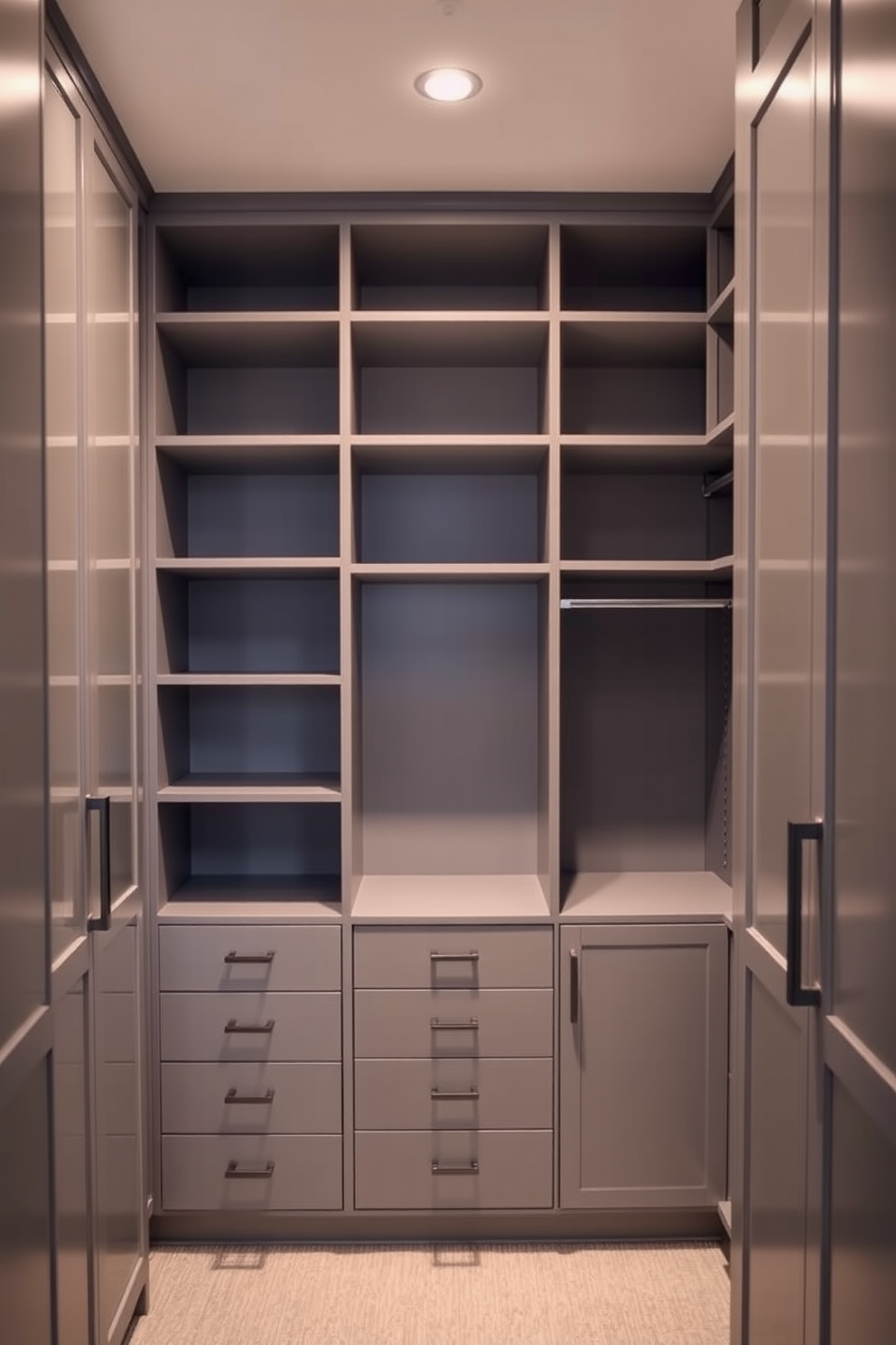 An elegant gray walk-in closet features sleek built-in shelving and hanging rods, creating a sophisticated storage solution. Soft gray lighting fixtures illuminate the space, enhancing the modern aesthetic and providing a warm ambiance.