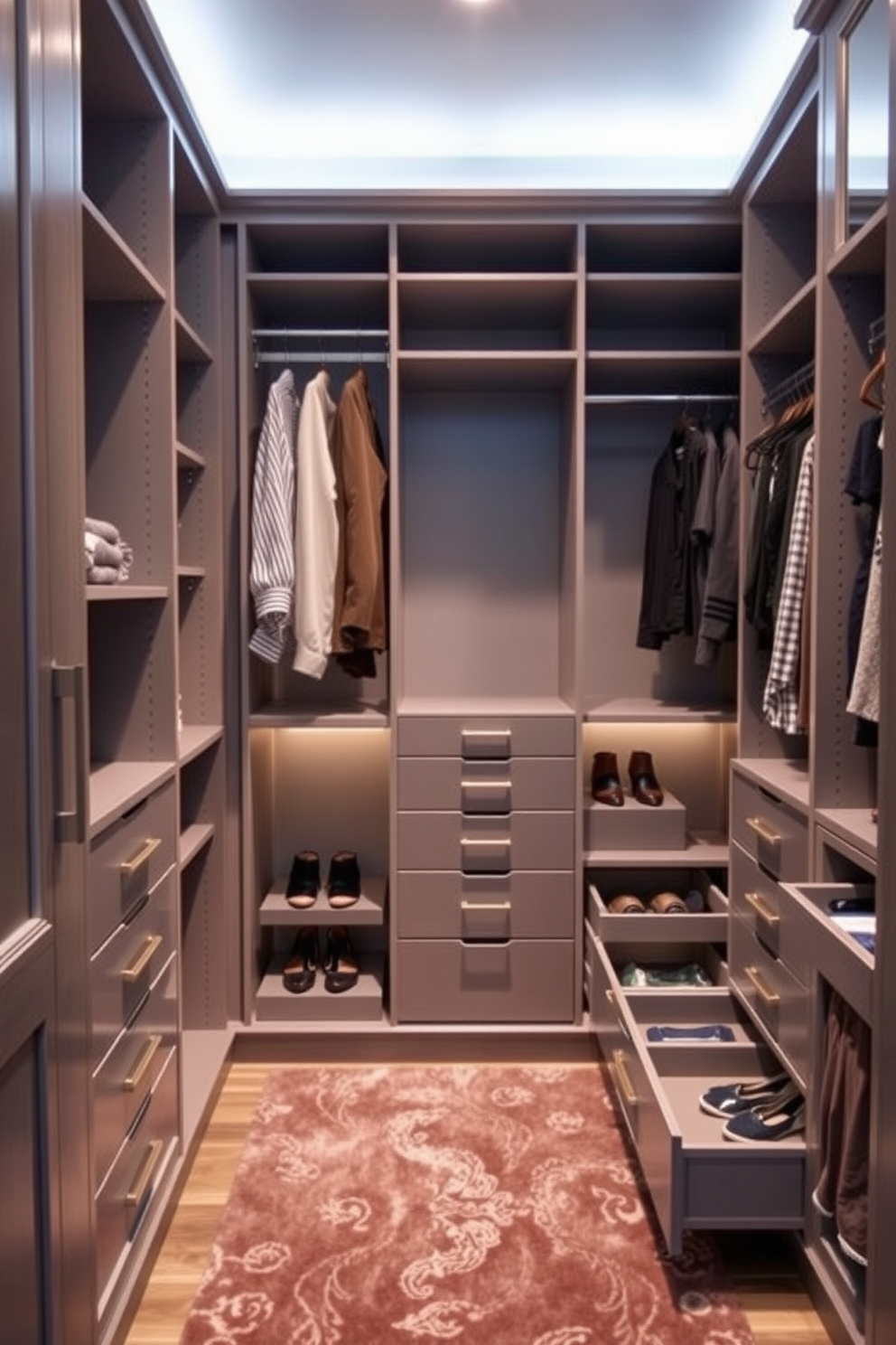 A stylish gray modular closet system featuring adjustable shelving and hanging rods. The walk-in closet includes a plush area rug and soft lighting to create an inviting atmosphere. Incorporate built-in drawers for accessories and shoes, maximizing storage efficiency. The design showcases a combination of open and closed storage solutions to maintain organization and elegance.