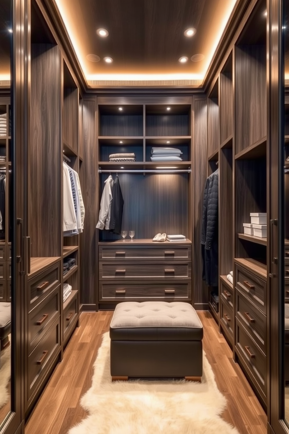 A luxurious walk-in closet featuring dark gray wood tones that create a warm and inviting atmosphere. The space is designed with custom shelving and hanging rods, maximizing storage while maintaining an elegant aesthetic. Soft ambient lighting highlights the rich textures of the dark wood, enhancing the overall sophistication of the closet. A plush area rug adds comfort underfoot, while a stylish ottoman provides a perfect spot for dressing or putting on shoes.