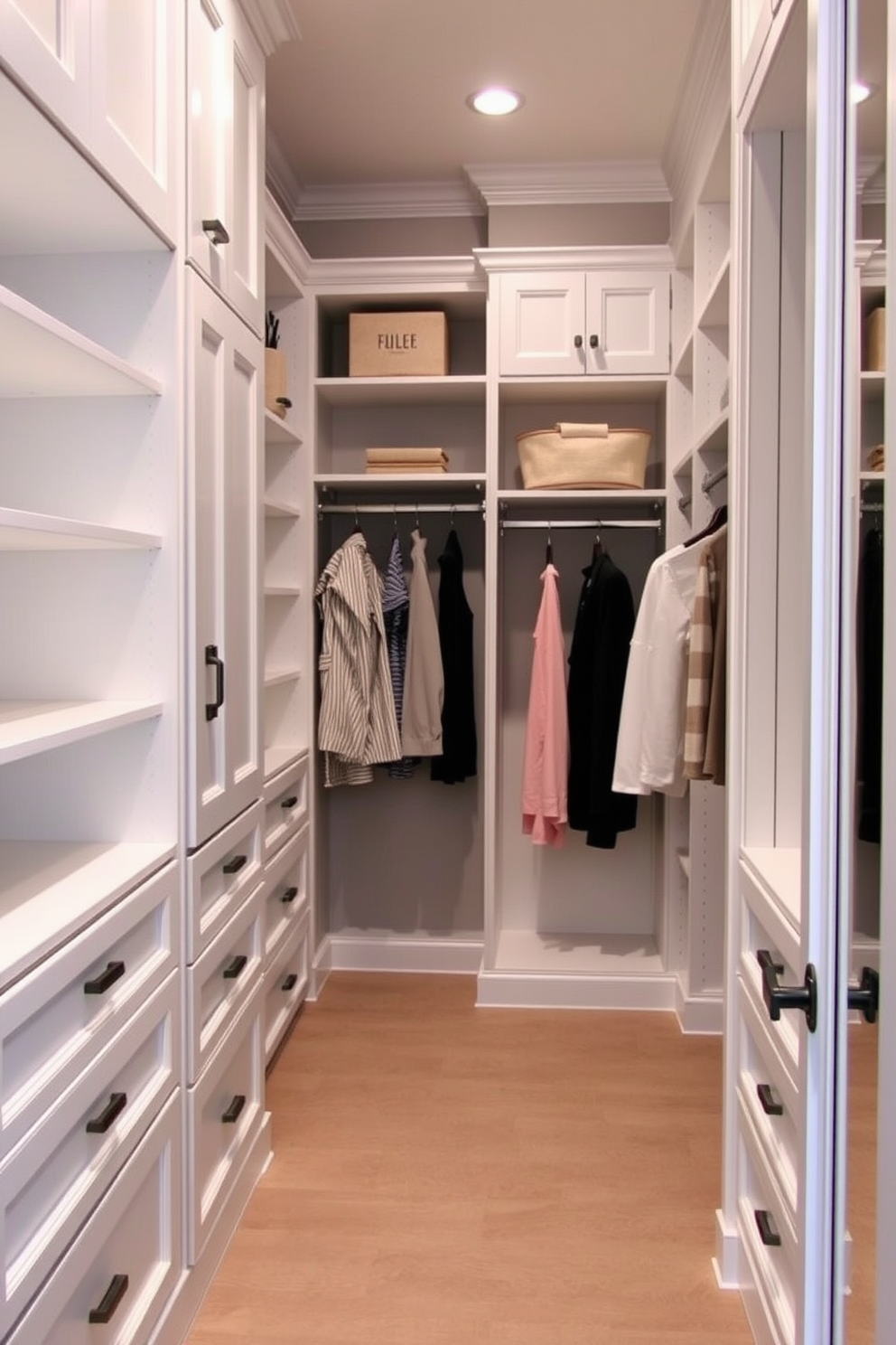 A spacious walk-in closet featuring light gray walls complemented by contrasting white trim. The design includes built-in shelving and hanging racks, maximizing storage space while maintaining an elegant aesthetic.