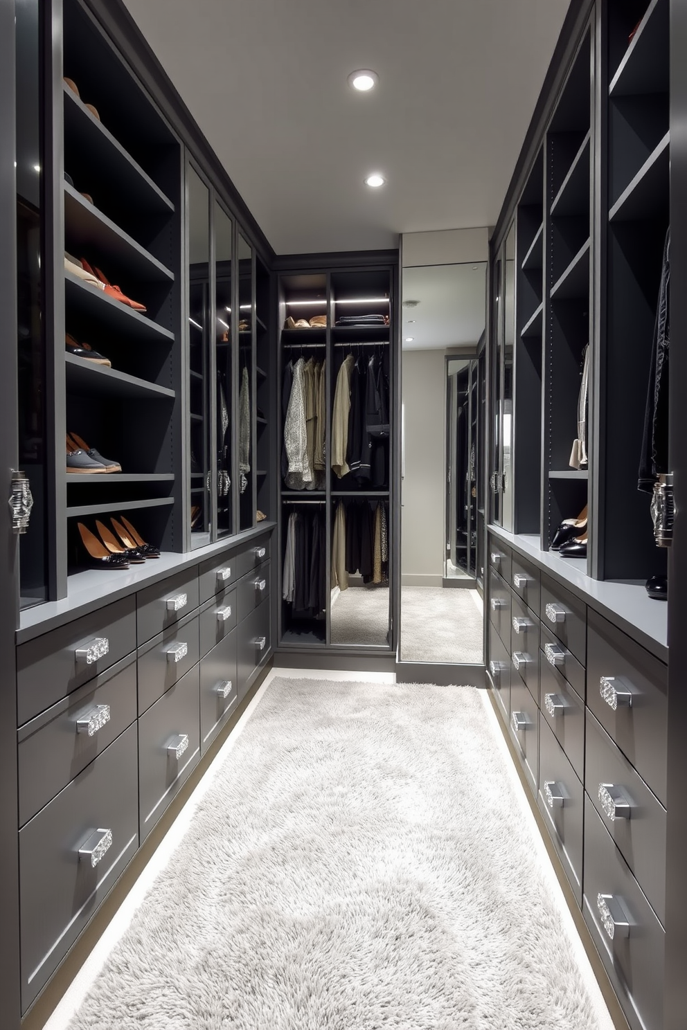 Chic gray drawers with crystal handles create a modern and elegant atmosphere in the walk-in closet. The spacious layout features organized compartments for shoes, accessories, and clothing, enhancing both functionality and style. Soft lighting highlights the sleek gray finishes while a plush rug adds warmth underfoot. Full-length mirrors reflect the sophisticated design, making the space feel even more expansive and inviting.
