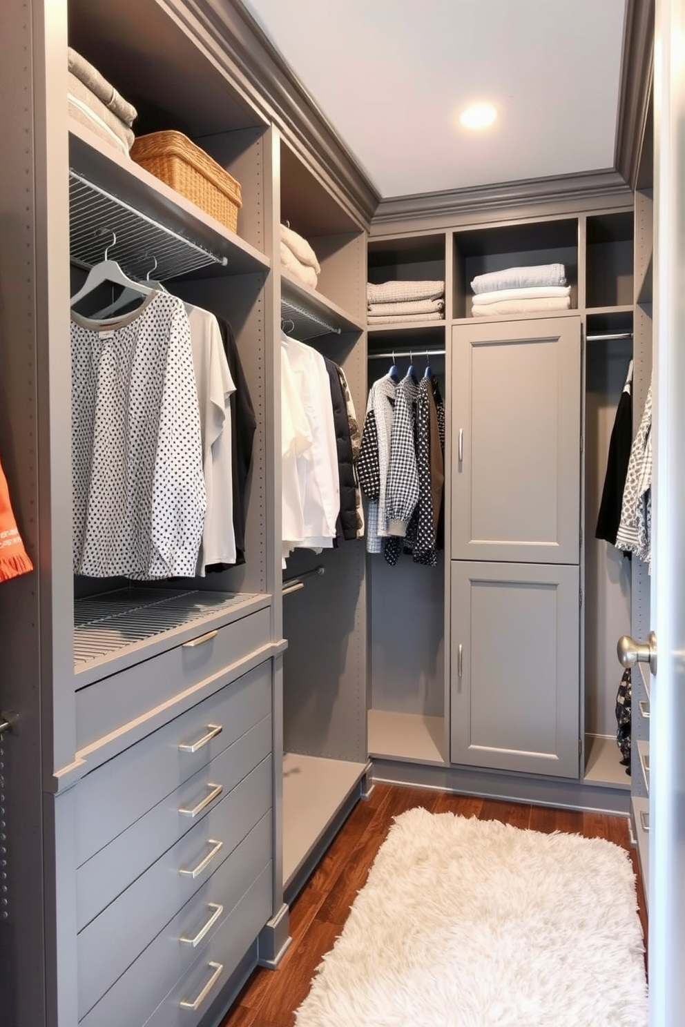 A functional gray walk-in closet features pull-out racks for easy access to clothing and accessories. The walls are painted in a soft gray hue, complemented by built-in shelving and a plush area rug for added comfort.