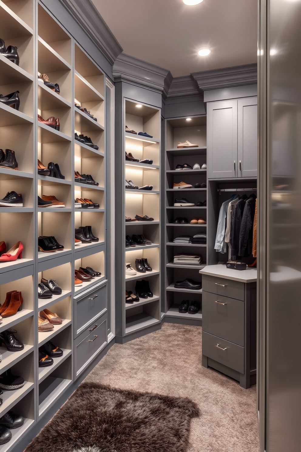 A stylish gray shoe display area featuring sleek shelving units that showcase an array of designer footwear. The walls are painted in a soft gray hue, complemented by warm lighting that highlights the collection. Gray walk-in closet design ideas that incorporate a mix of open shelving and closed cabinetry for maximum storage. Plush carpeting underfoot adds comfort, while a central island provides additional space for accessories and personal items.