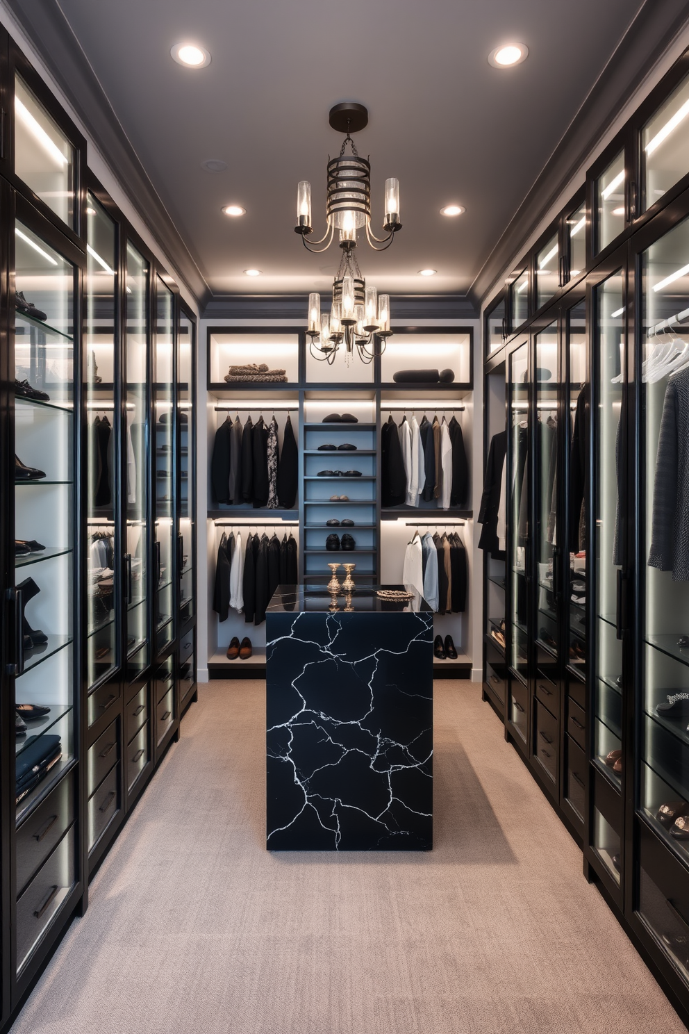 A luxurious walk-in closet featuring a gray and black color scheme. The walls are lined with sleek black cabinetry, beautifully contrasting with the soft gray carpet underfoot. A central island with a black marble top provides ample space for accessories and jewelry display. Elegant lighting fixtures hang from the ceiling, casting a warm glow over the sophisticated arrangement of clothing and shoes.