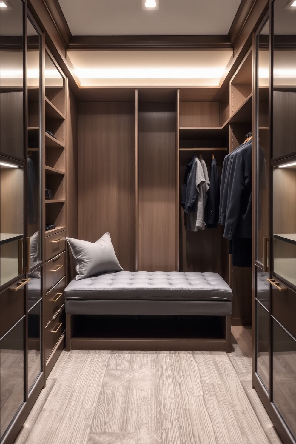 A stylish walk-in closet featuring a built-in gray bench with storage underneath. The walls are lined with elegant shelving and hanging space, complemented by soft lighting for a luxurious feel.