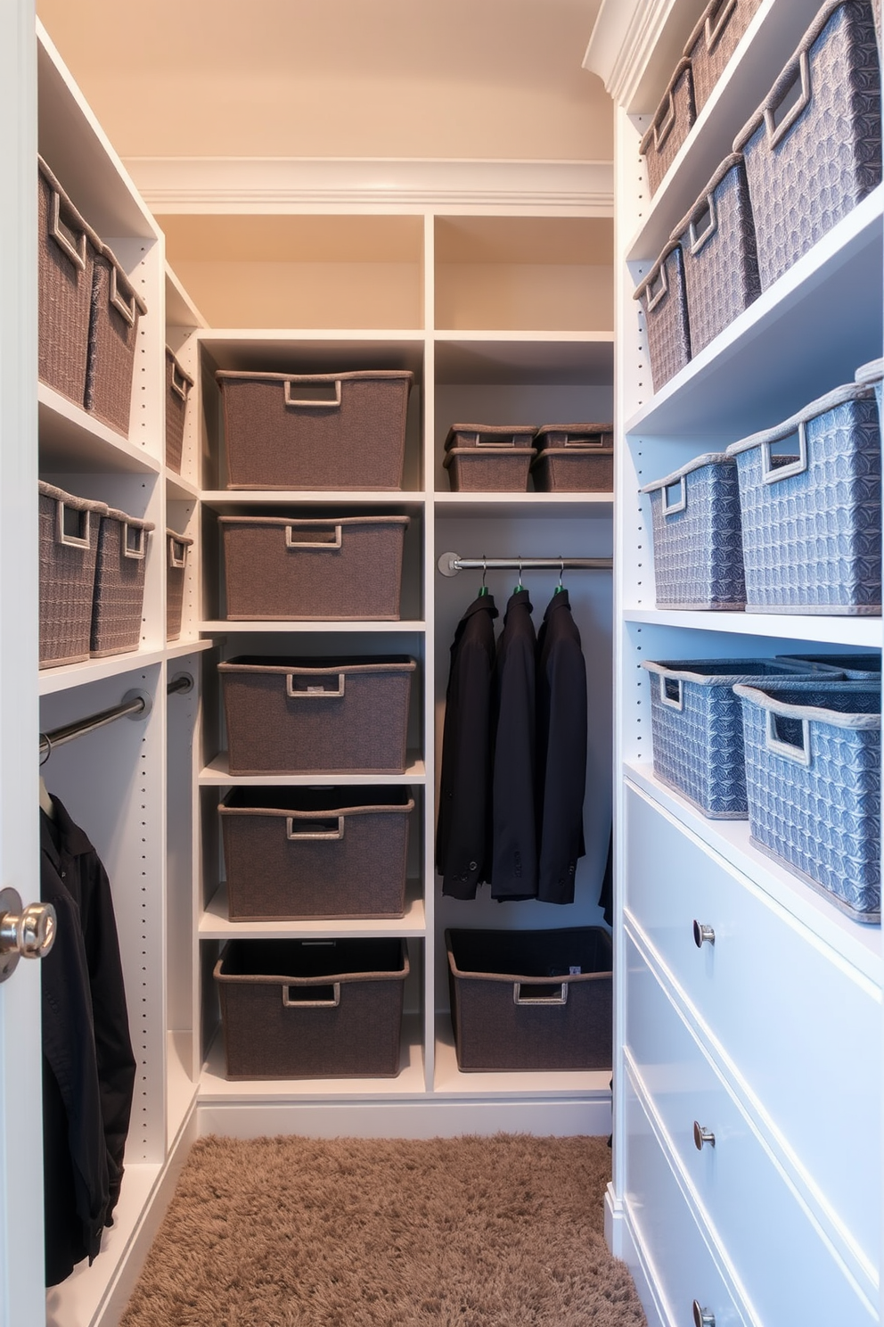 A stylish walk-in closet featuring open shelving that displays neatly arranged gray storage bins. The walls are painted in a soft white hue, and the floor is covered with a plush gray carpet for added comfort.