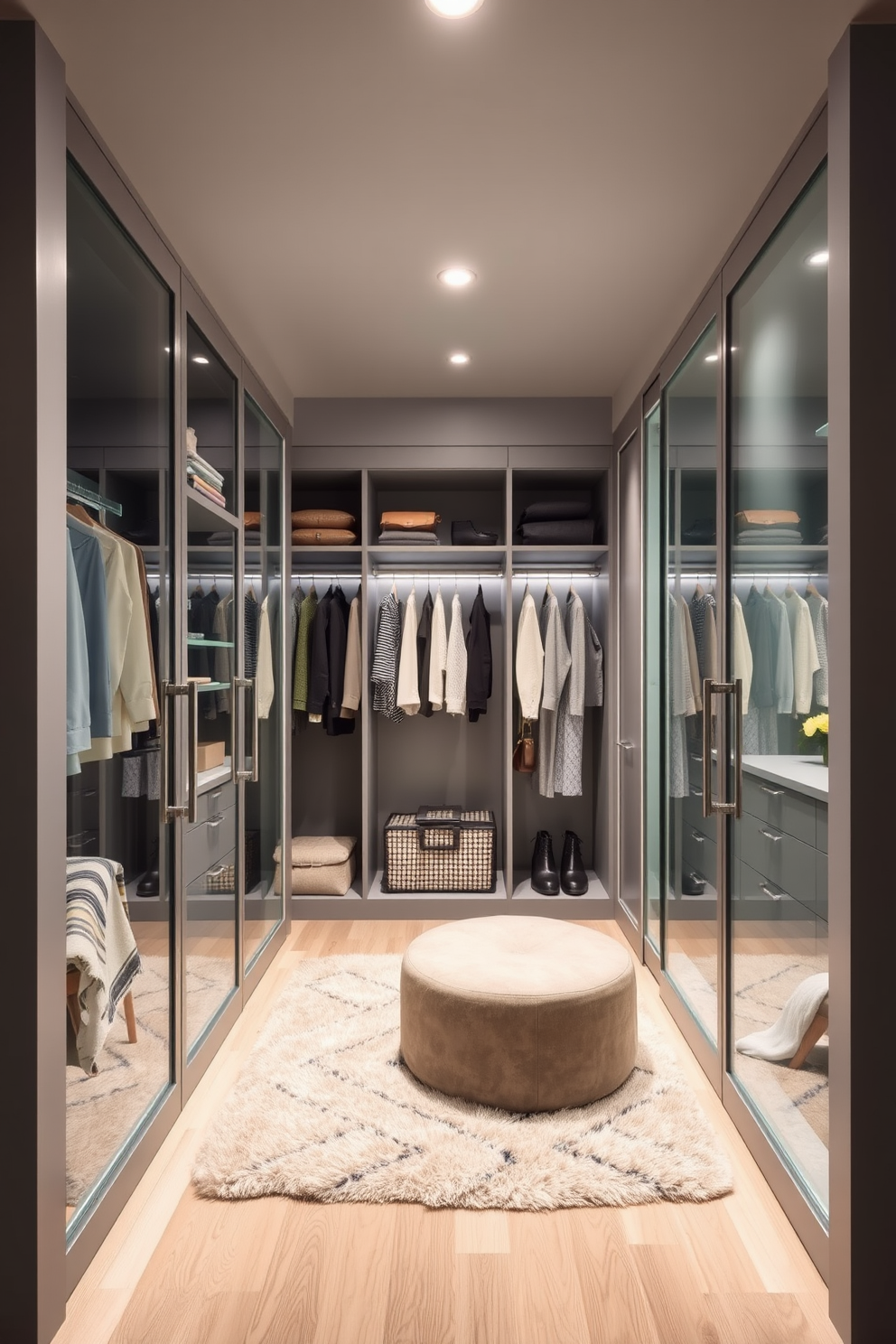 A modern gray walk-in closet features sleek glass doors that provide a clear view of the organized interior. The walls are painted in a soft gray hue, complemented by built-in shelving and hanging spaces for clothes and accessories. The closet is illuminated by recessed lighting, creating a bright and inviting atmosphere. A plush area rug adds warmth underfoot, while a stylish ottoman provides a comfortable seating option.