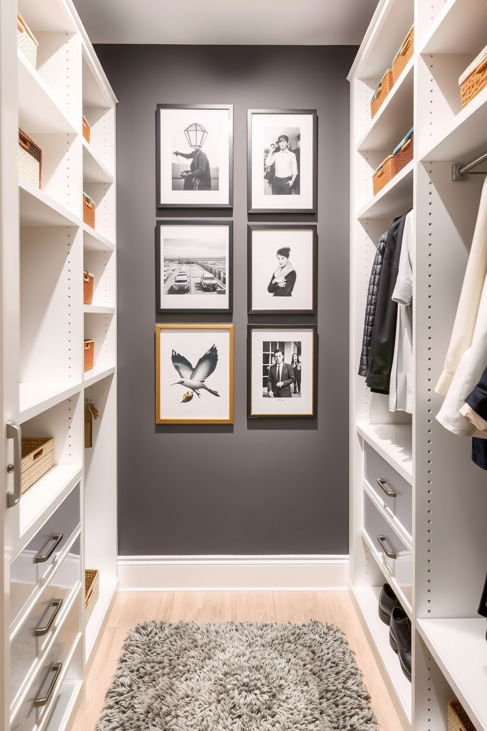 A modern walk-in closet featuring a gray accent wall adorned with a curated display of framed artwork. The space includes custom shelving and hanging areas, with a plush rug underfoot for added comfort.