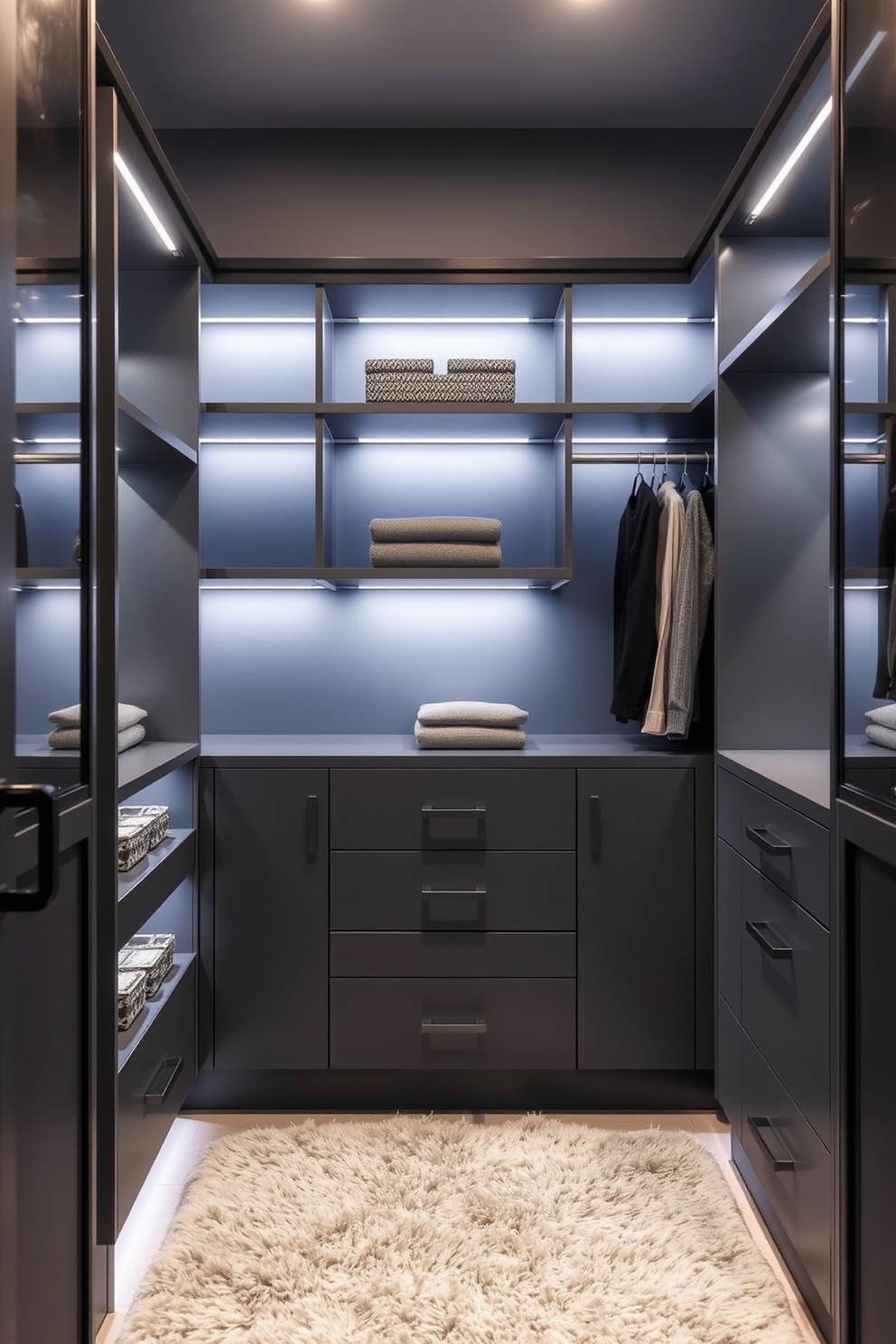 A sophisticated gray walk-in closet features sleek shelving with gray lighting illuminating the space from underneath. The walls are adorned with soft gray tones, while a plush area rug adds warmth underfoot, creating an inviting atmosphere.