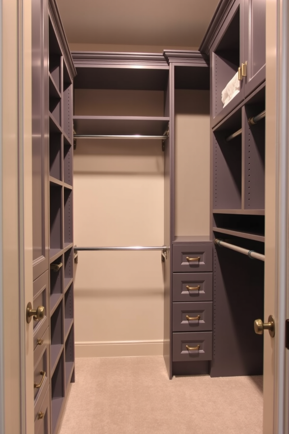 A dual-tone gray and beige walk-in closet features elegant shelving units and hanging rods that maximize storage space. The walls are painted in a soft beige, while the cabinetry showcases a rich gray finish, creating a harmonious and stylish environment.