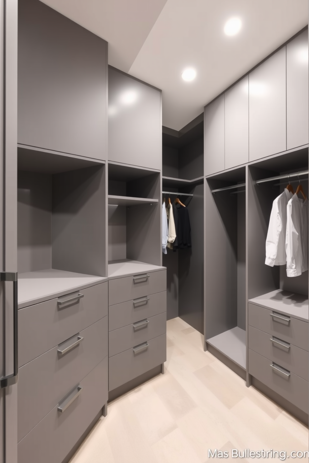A modern gray walk-in closet features sleek cabinetry with built-in smart technology for optimal organization. The space is illuminated by recessed lighting, highlighting the minimalist design and spacious layout, creating a sophisticated and functional environment.