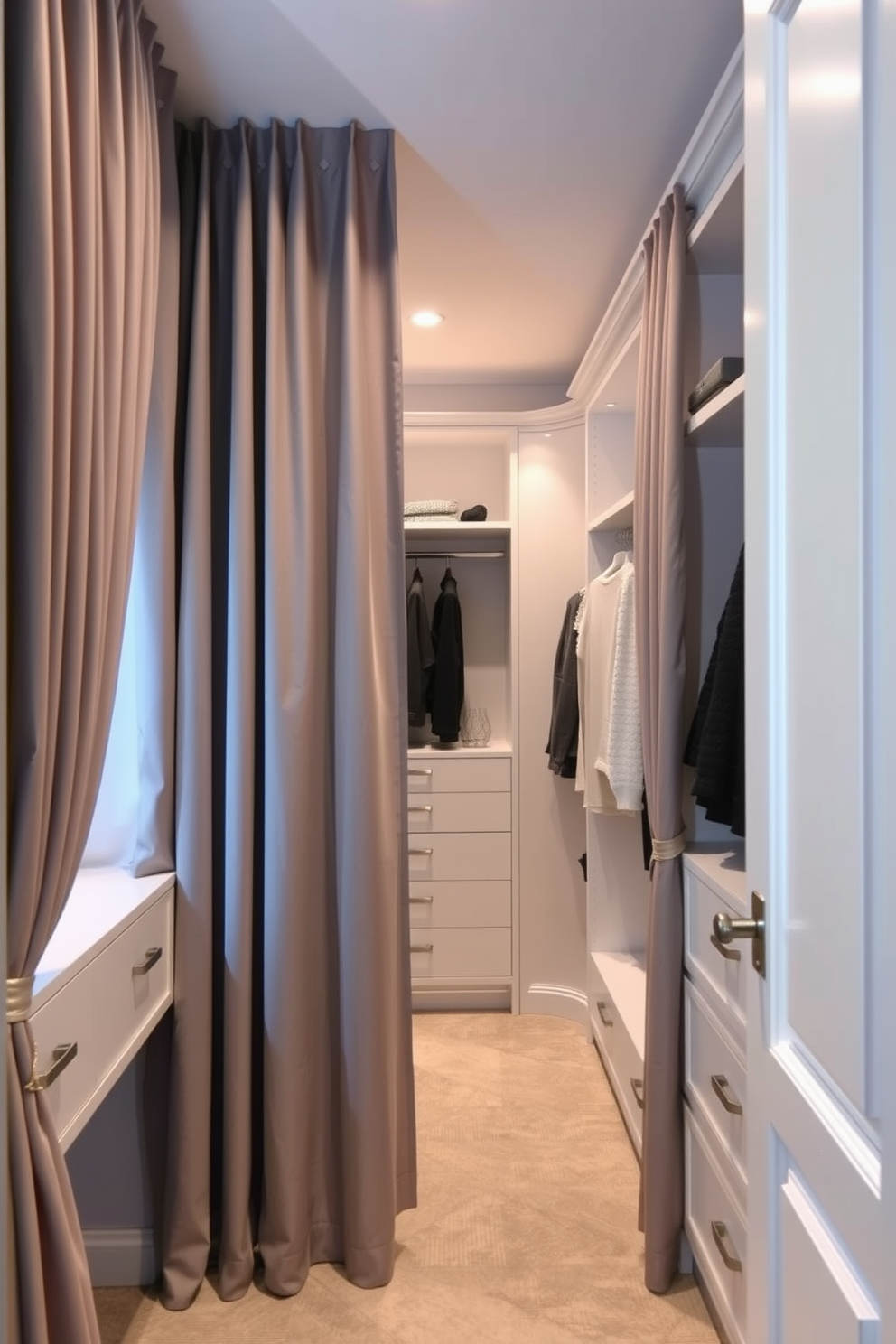 A stylish walk-in closet featuring gray curtains that provide added privacy. The space includes custom shelving and hanging areas, with soft lighting illuminating the elegant design.