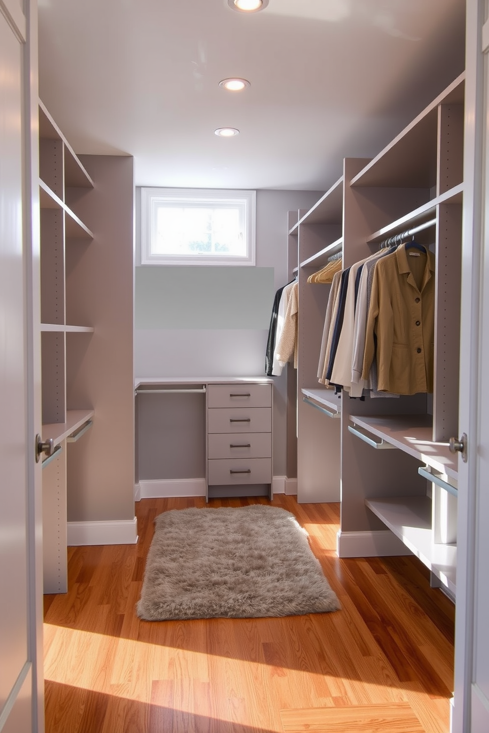 Bright gray space filled with natural light creates an inviting atmosphere. The walk-in closet features custom shelving and hanging rods, maximizing storage while maintaining a sleek design. Soft gray walls complement the polished hardwood floor, enhancing the open feel of the space. A plush area rug adds warmth, while strategically placed LED lighting highlights the organized layout.