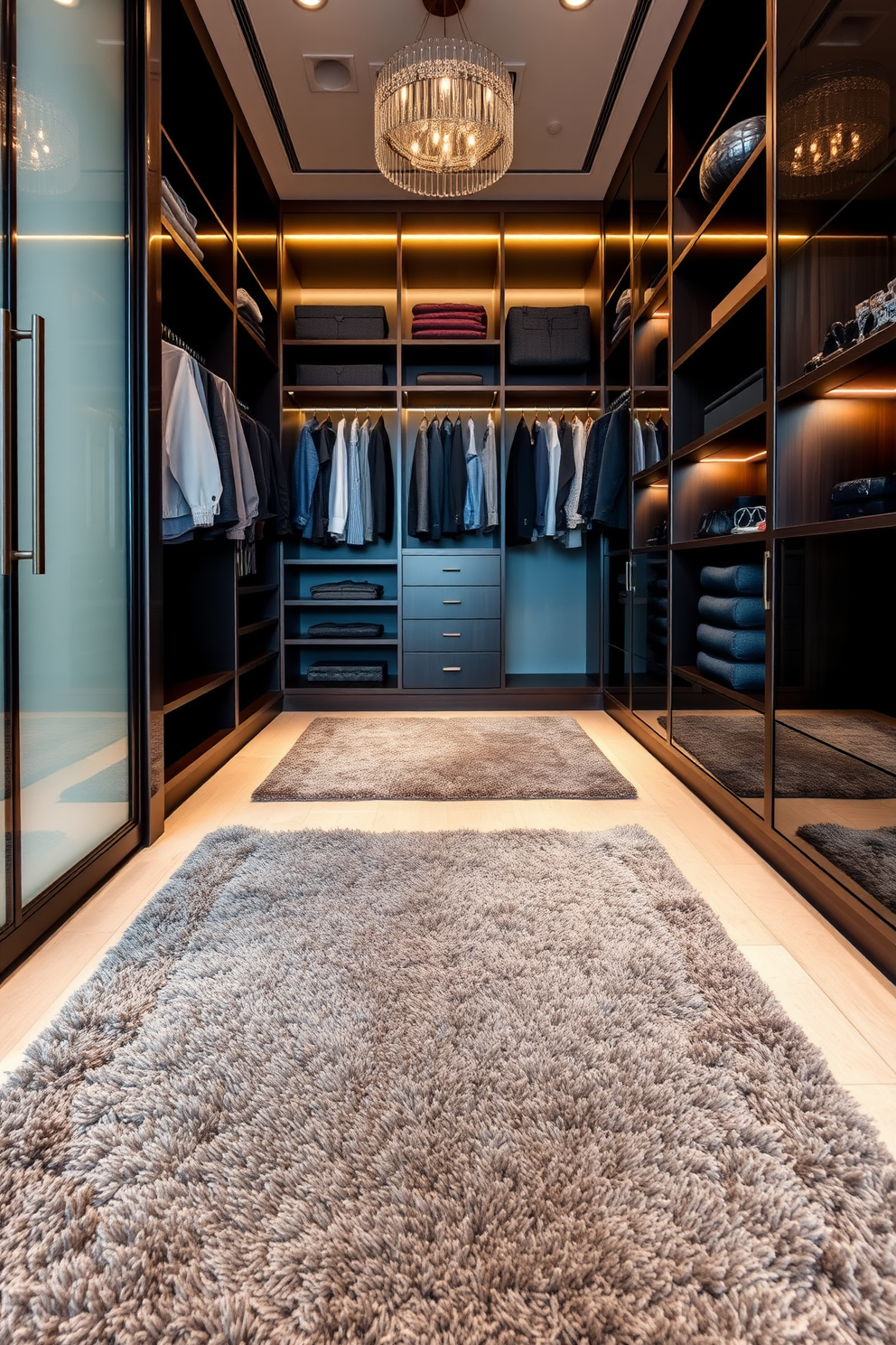 A luxurious walk-in closet featuring textured gray rugs that provide comfort underfoot. The space is designed with sleek shelving and cabinetry, allowing for organized storage of clothing and accessories.