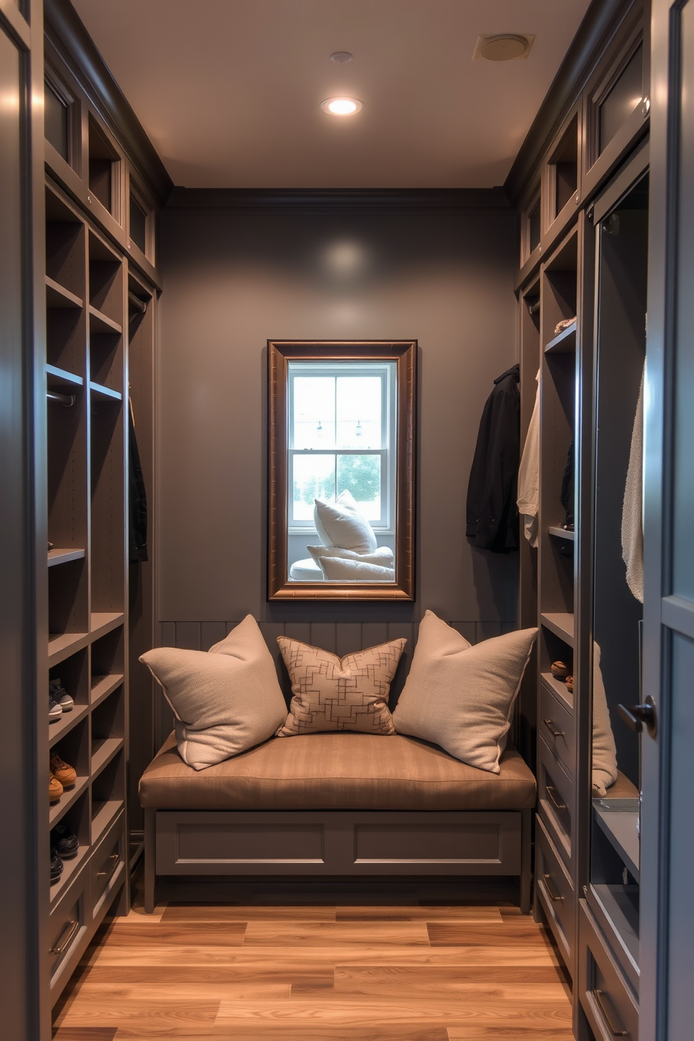 Open concept gray closet with seating. The closet features built-in shelving and hanging space, with a cozy seating area adorned with plush cushions. The walls are painted in a soft gray hue, complemented by warm wooden accents. A large mirror reflects the natural light coming from a nearby window, enhancing the spacious feel of the design.