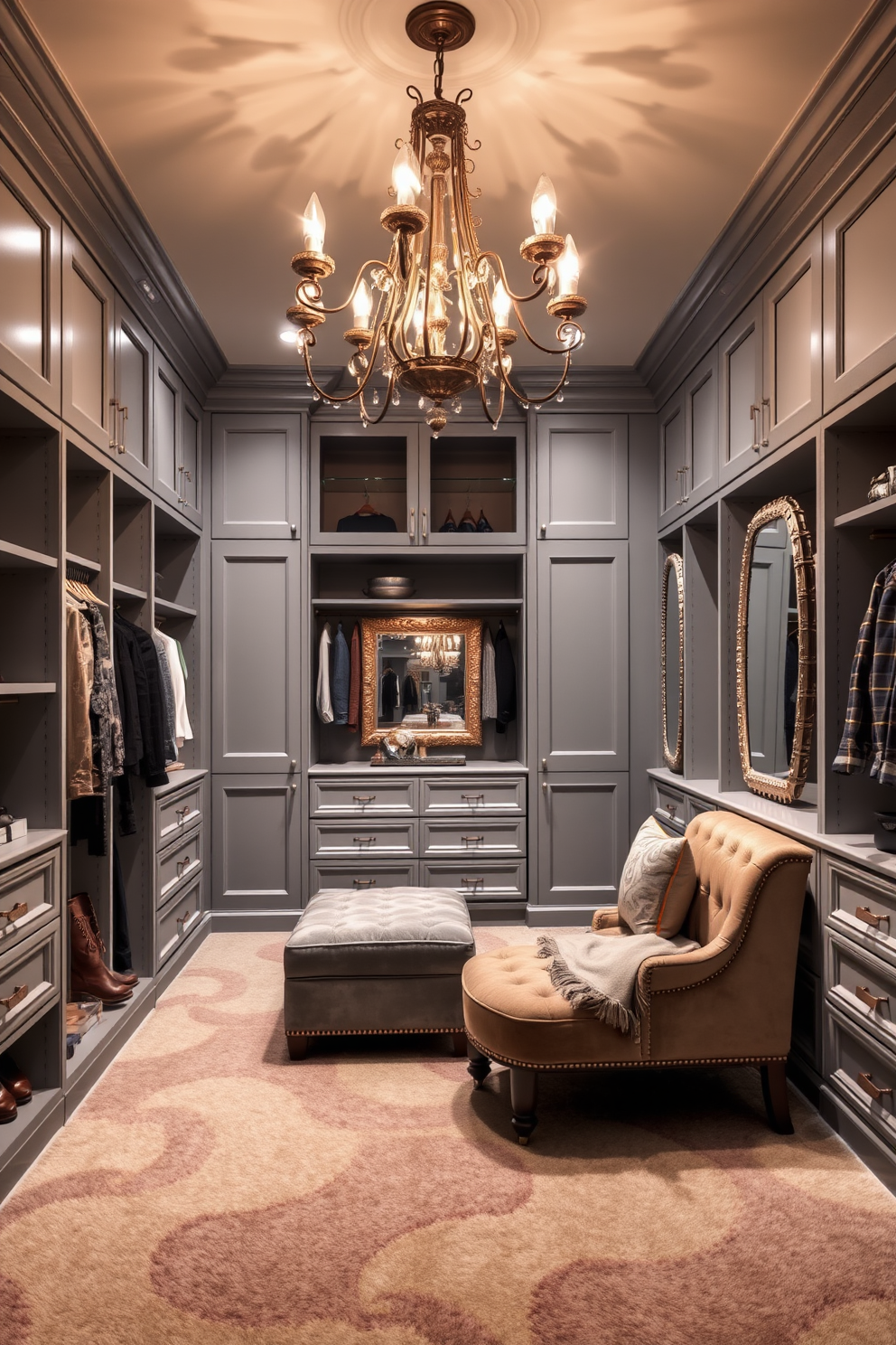 An elegant gray walk-in closet features a stunning chandelier that casts a warm glow over the space. The walls are adorned with soft gray paneling, and the flooring is a luxurious plush carpet in a complementary shade. Custom shelving units line the walls, providing ample storage for clothing and accessories. A plush seating area with a stylish ottoman invites relaxation, while decorative mirrors enhance the sense of space and light.
