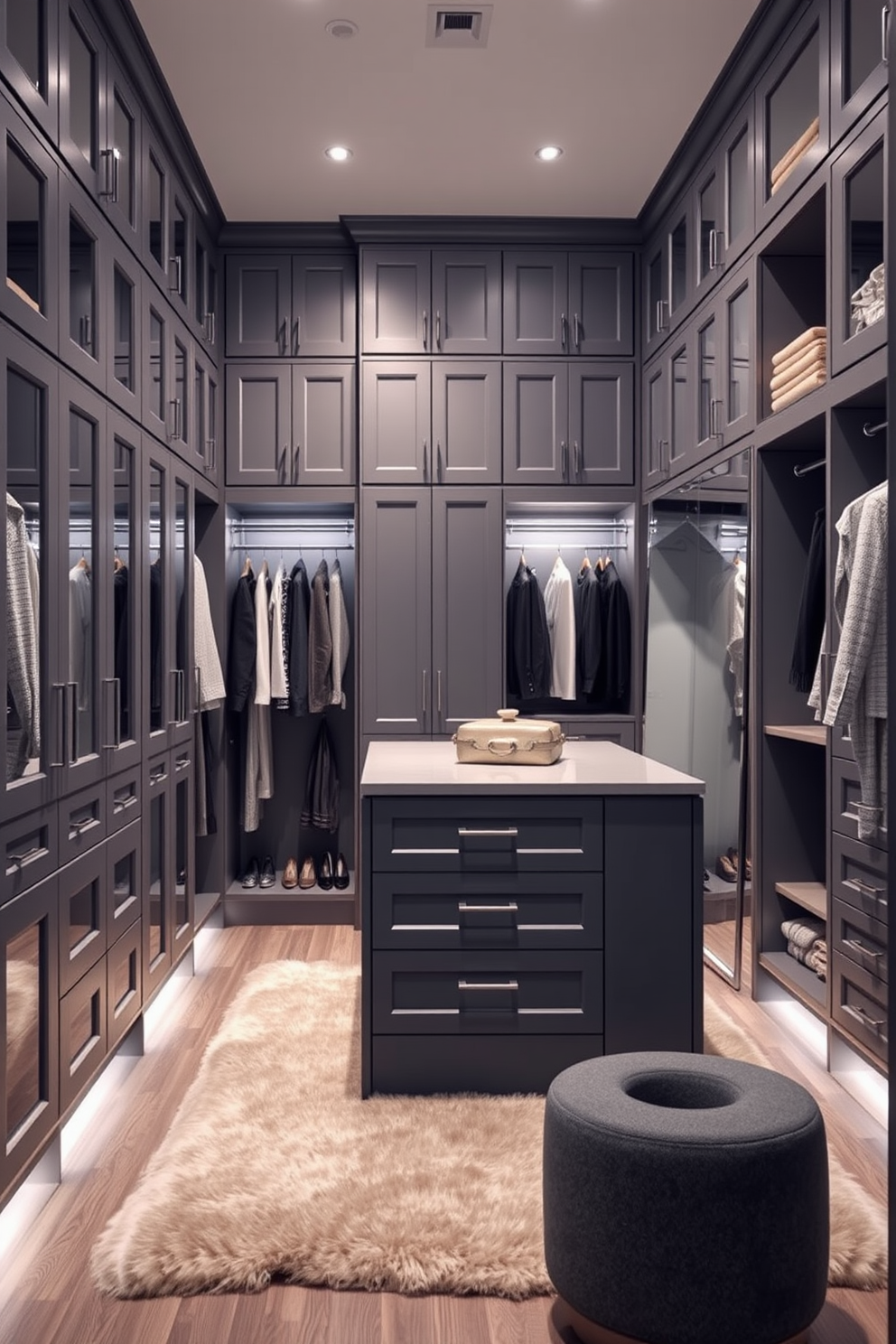 A stunning walk-in closet featuring floor to ceiling gray cabinetry that provides ample storage space for clothing and accessories. The cabinetry is complemented by sleek silver hardware and soft ambient lighting that enhances the modern aesthetic. The closet layout includes a central island with additional drawers for organizing smaller items. A plush area rug adds warmth to the space while a full-length mirror is strategically placed to reflect the elegant design.