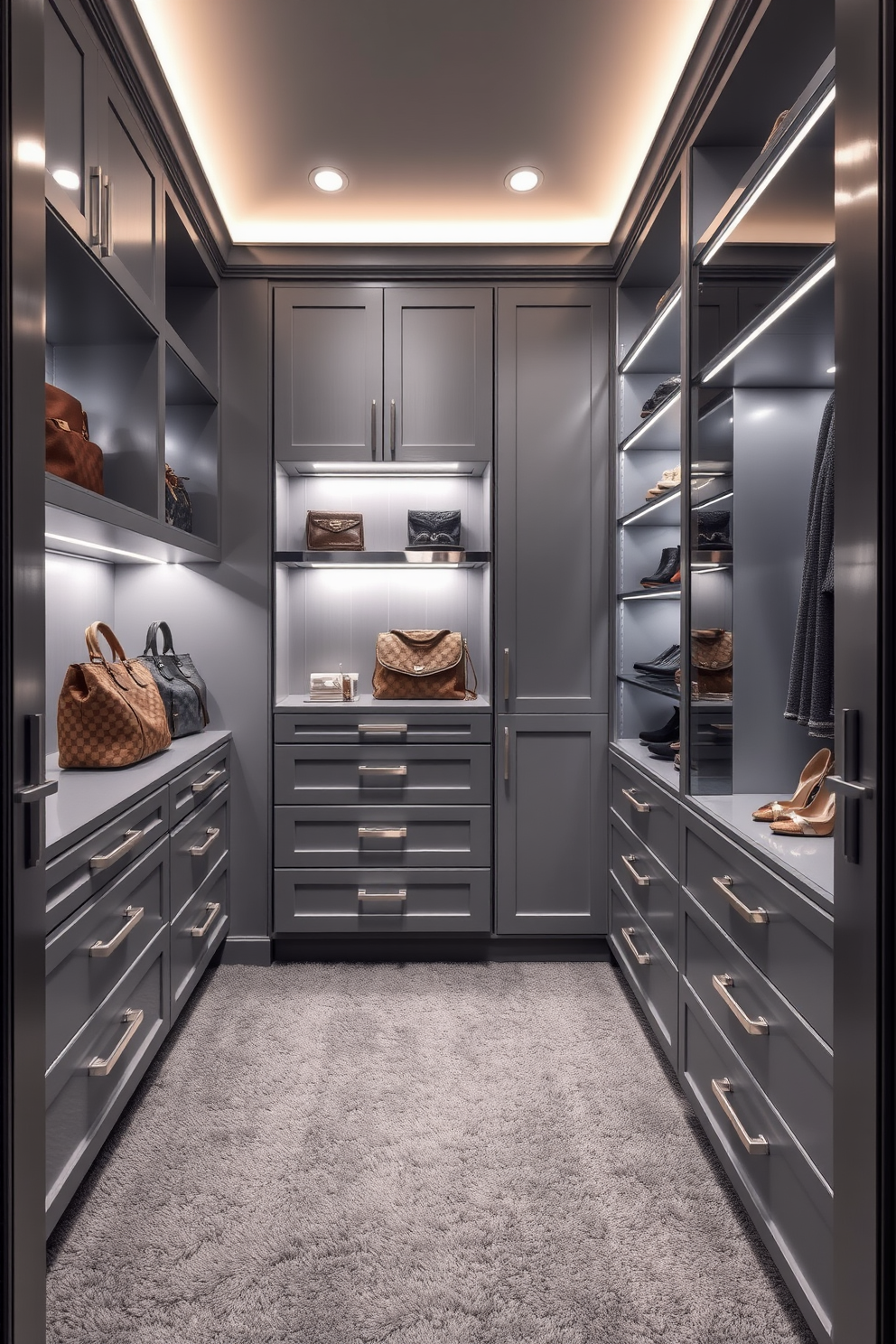 A luxurious gray walk-in closet featuring sleek metallic accents throughout the space. The walls are adorned with elegant gray paneling, while the shelving and cabinetry incorporate brushed silver finishes for a modern touch. Soft ambient lighting highlights the organized sections, showcasing designer handbags and shoes on display. A plush gray carpet underfoot adds warmth, creating a comfortable and chic atmosphere.