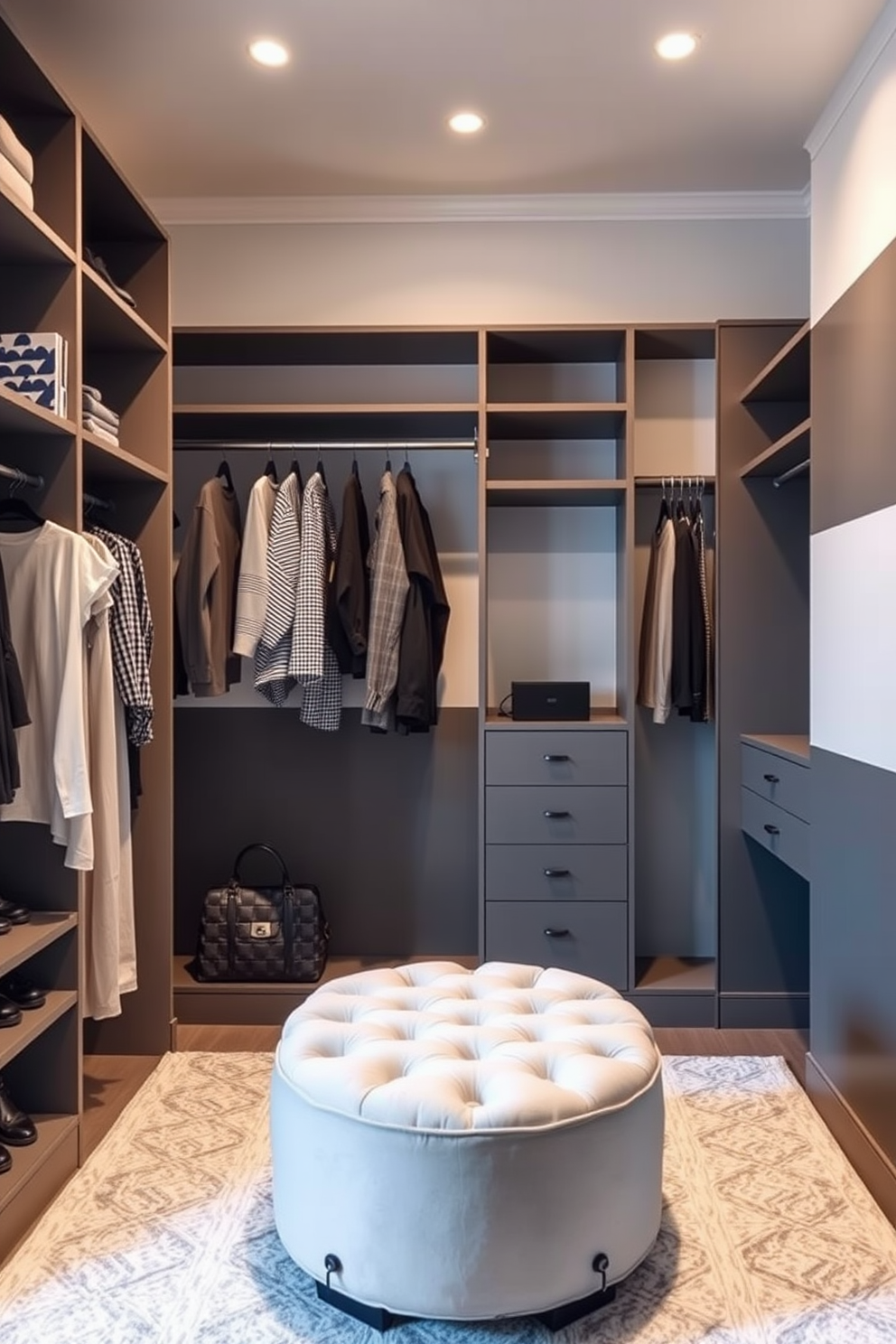 A modern walk-in closet featuring gray and white color block walls. The space includes custom shelving and hanging rods, with a plush ottoman in the center for seating.