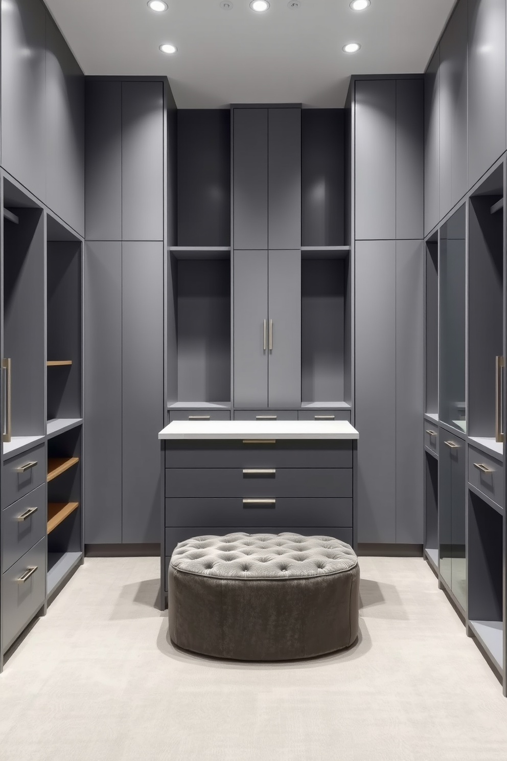 A minimalist gray walk-in closet features sleek cabinetry with a smooth finish and integrated lighting. In the center, an island provides additional storage with drawers, complemented by a plush ottoman for seating.