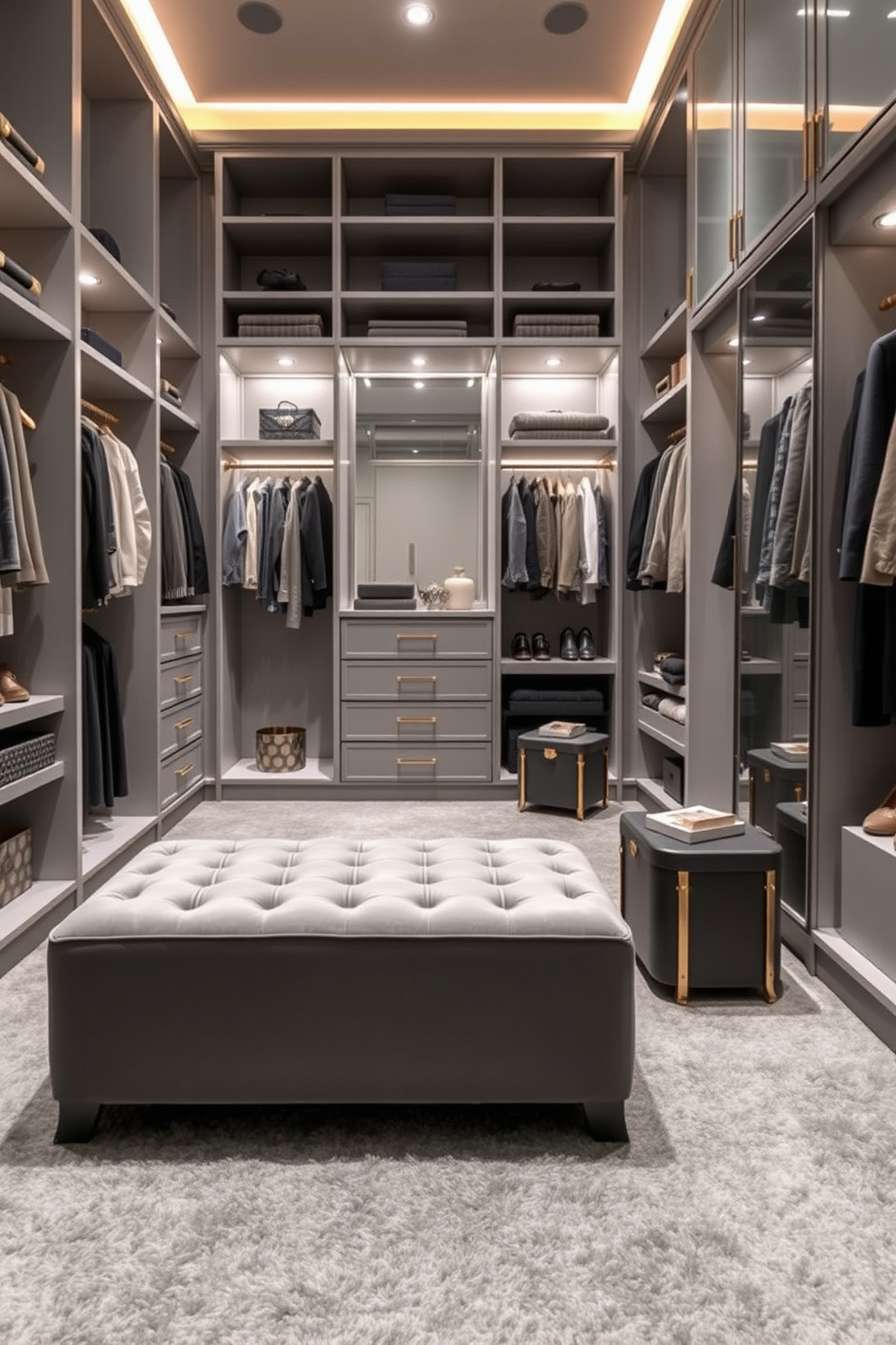 A luxurious velvet gray ottoman serves as a central seating piece in a spacious walk-in closet. The closet features custom shelving and hanging space, with soft lighting illuminating the elegant gray tones throughout. Plush gray carpeting adds warmth to the floor, while a full-length mirror reflects the stylish design. Decorative accents, such as gold hardware and chic storage boxes, enhance the overall sophistication of the space.