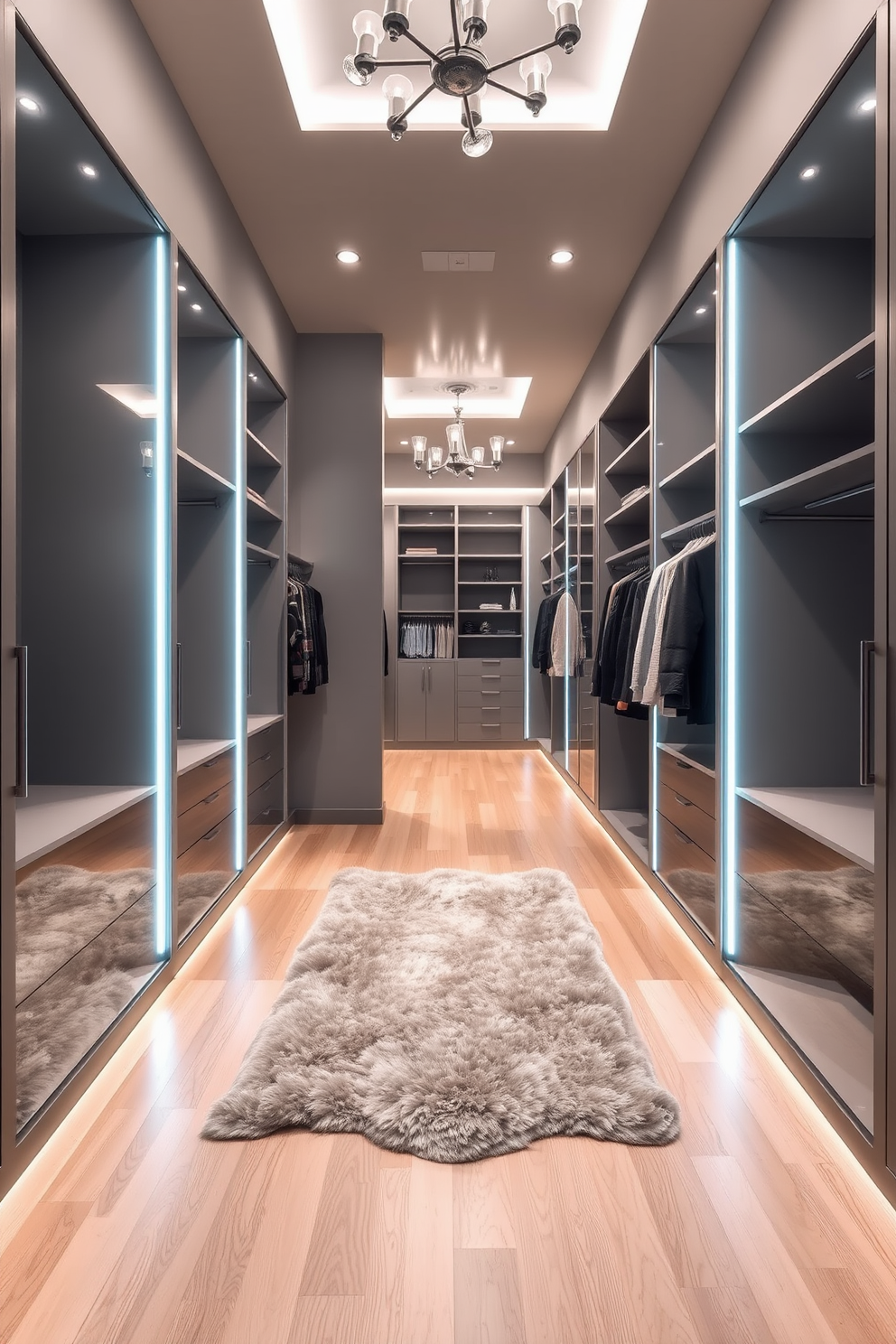 A contemporary gray walk-in closet features sleek, built-in shelving and hanging rods that provide ample storage space. The walls are painted in a soft gray hue, and large mirrors line one side, reflecting the elegant lighting fixtures above. The flooring is a luxurious light wood that adds warmth to the modern aesthetic. A plush area rug in a neutral tone is placed in the center, creating a cozy focal point amidst the organized elegance.