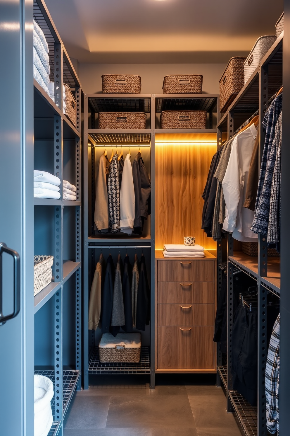 A modern gray walk-in closet featuring industrial style gray metal shelving that showcases an organized and stylish storage solution. The shelving is complemented by warm wooden accents and soft ambient lighting, creating a cozy yet functional space for clothing and accessories.