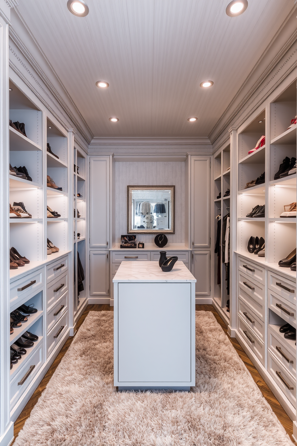 A luxurious walk-in closet featuring soft gray wallpaper with a subtle texture that adds depth to the space. Elegant built-in shelving units display an organized array of shoes and accessories, while a plush area rug enhances the comfort underfoot. A central island with a marble top provides additional storage and a stylish place to display jewelry and other personal items. Soft lighting fixtures create a warm ambiance, highlighting the sophisticated design of this chic closet.