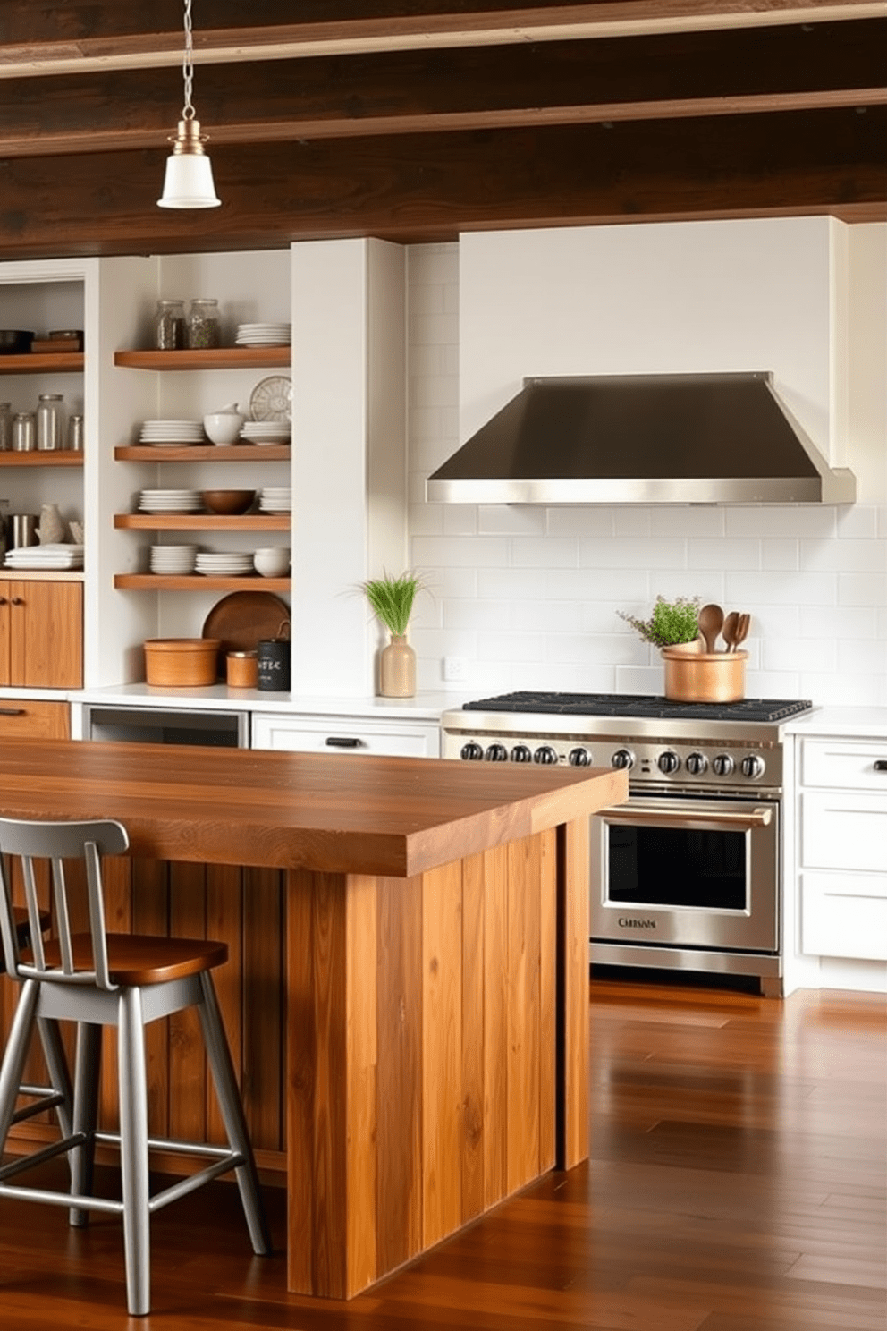 A modern farmhouse kitchen featuring a large central island made of reclaimed wood with bar stools on one side. The stove is a professional-grade model with a sleek stainless steel finish, surrounded by open shelving displaying rustic dishware and herbs in mason jars.