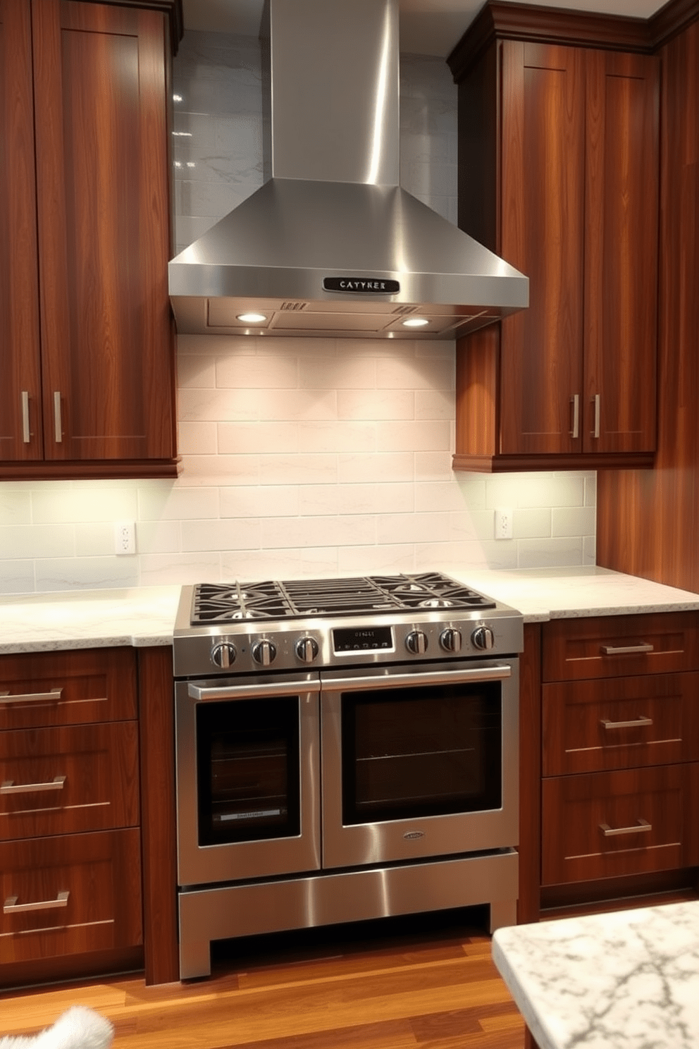 A sleek built-in stove is seamlessly integrated into custom cabinetry, creating a cohesive and modern kitchen aesthetic. The cabinetry features rich wood tones with elegant hardware, complementing the stainless steel finish of the stove. Above the stove, a stylish range hood adds a focal point, enhancing both functionality and design. Soft under-cabinet lighting illuminates the workspace, highlighting the beautiful textures and colors of the kitchen.