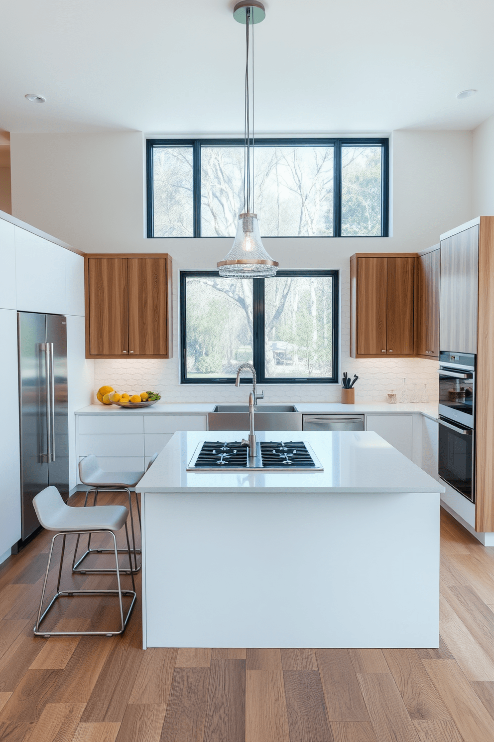 A modern open concept kitchen featuring a central island stove with sleek stainless steel appliances. The island is surrounded by minimalist bar stools and is illuminated by pendant lighting overhead. The cabinetry is a blend of matte white and natural wood finishes, creating a warm and inviting atmosphere. A large window above the sink allows natural light to flood the space, enhancing the bright and airy feel of the kitchen.