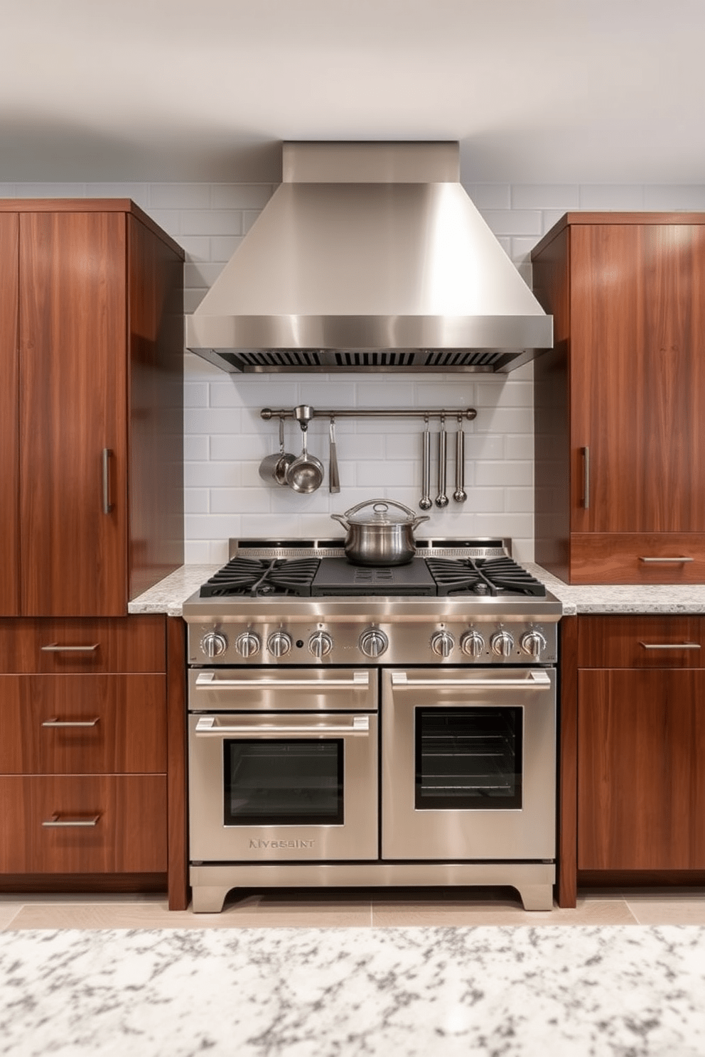 A professional grade kitchen stove with six burners and a double oven stands prominently in a spacious kitchen. The stove features stainless steel finishes and a sleek design, surrounded by custom cabinetry in a rich walnut tone. Above the stove, a stylish range hood complements the modern aesthetic, while a backsplash of white subway tiles adds a classic touch. The countertop is made of polished granite, providing ample space for meal preparation and showcasing high-end kitchen gadgets.