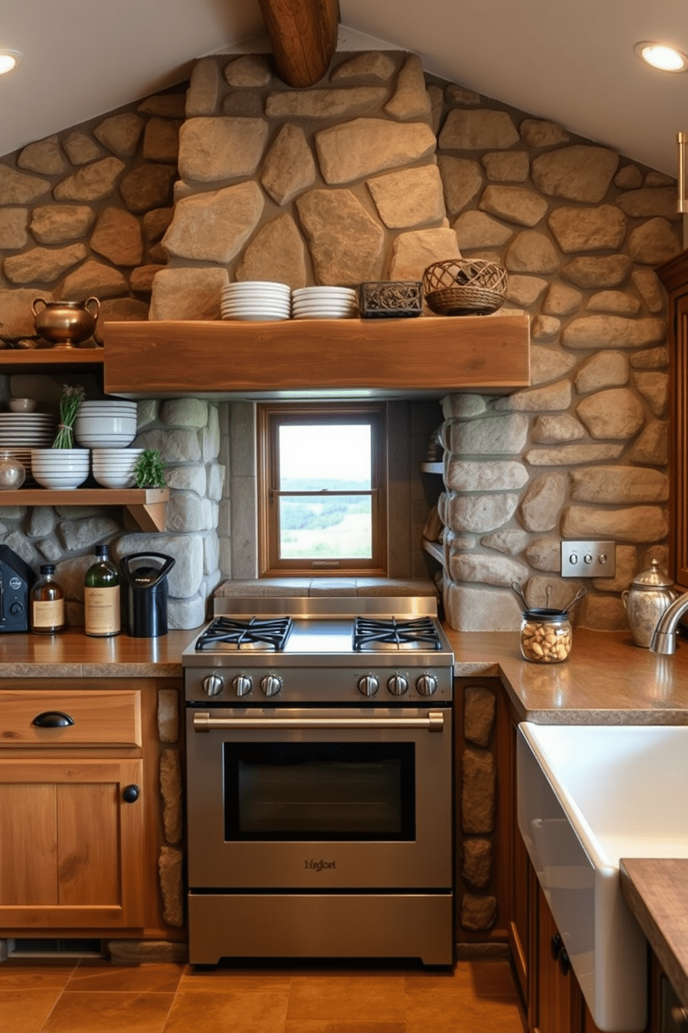 A rustic kitchen featuring a stone surround that creates a cozy and inviting atmosphere. The stove is centrally located, surrounded by wooden cabinetry and open shelving filled with rustic dishware and herbs. The stonework is complemented by warm wood accents and soft lighting that enhances the homey vibe. A large farmhouse sink sits adjacent to the stove, with a view of the surrounding countryside through a window.