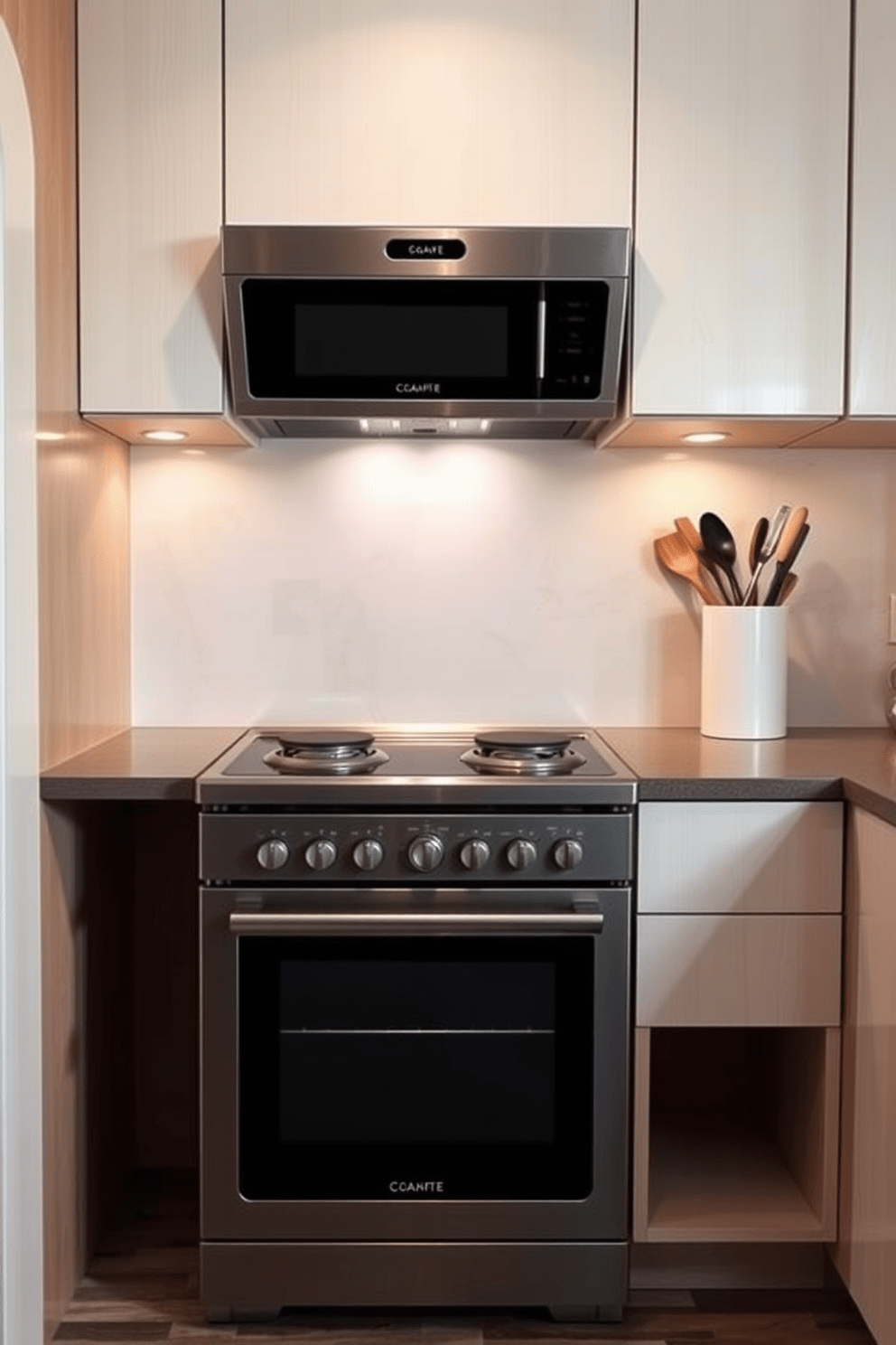 A compact stove designed for small kitchen spaces features a sleek, modern finish with a minimalist aesthetic. It includes four burners and an integrated oven, maximizing functionality while maintaining a streamlined look. The stove is positioned against a backdrop of light-colored cabinetry, enhancing the sense of space. Subtle under-cabinet lighting illuminates the countertop, creating a warm and inviting atmosphere in the kitchen.