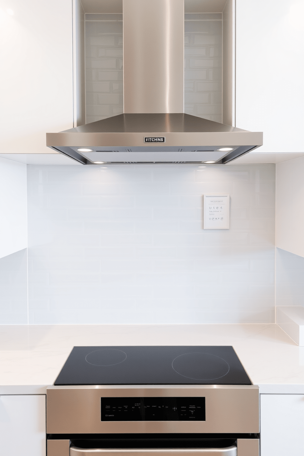 A sleek kitchen design featuring a modern stove with a glass top that enhances the minimalist aesthetic. The stove is seamlessly integrated into a spacious countertop made of polished quartz, surrounded by elegant cabinetry in a soft white finish. Above the stove, a stylish range hood in stainless steel adds a contemporary touch while ensuring efficient ventilation. The backsplash is adorned with glossy subway tiles in a soft gray, complementing the overall color palette of the kitchen.