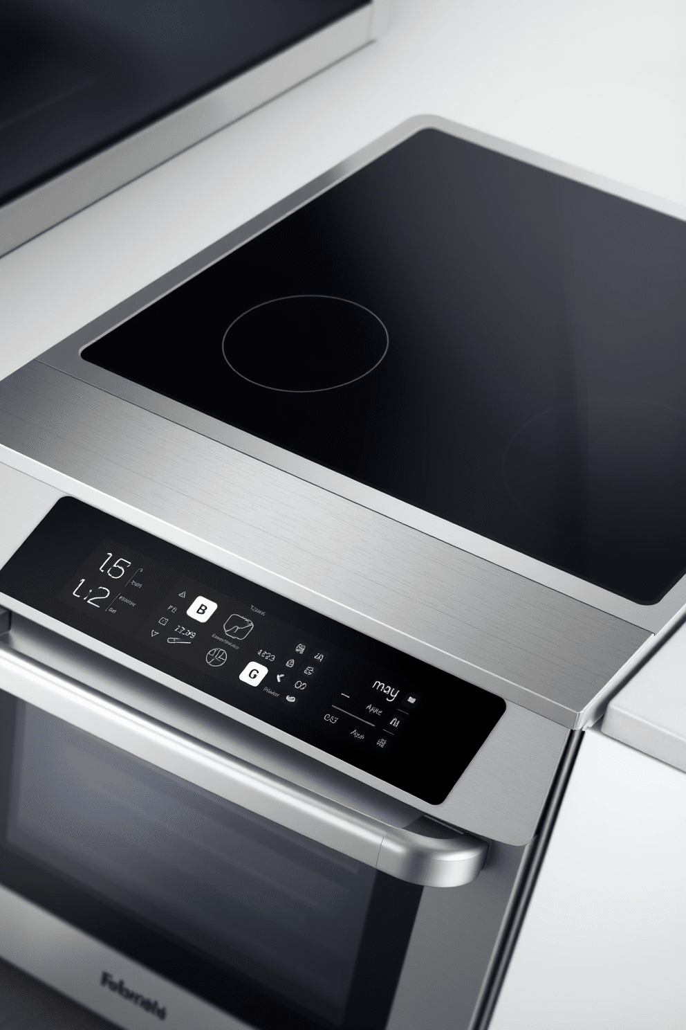 A sleek kitchen stove featuring touch controls and integrated apps for a modern cooking experience. The design includes a stainless steel finish with a minimalist aesthetic, complemented by a digital display and intuitive interface.