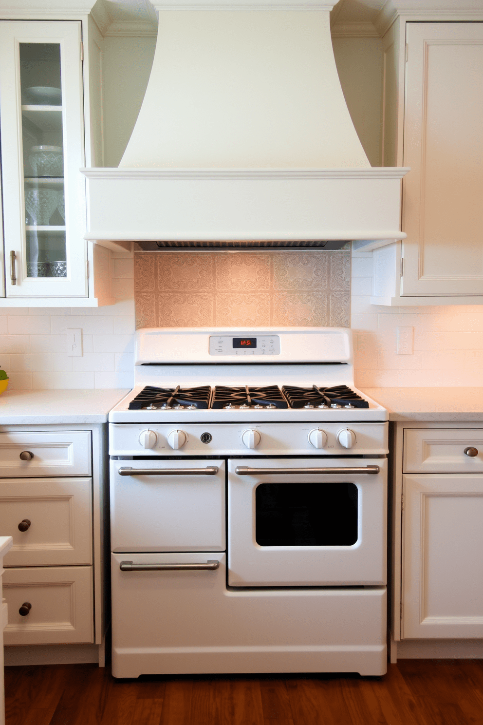 A classic white stove stands as a centerpiece in a beautifully designed kitchen. Its clean lines and timeless appeal enhance the overall aesthetic, making it a perfect choice for both modern and traditional spaces. Surrounding the stove, custom cabinetry in soft pastel colors complements its pristine finish. A stylish backsplash featuring intricate tile work adds a touch of elegance, while stainless steel appliances provide a contemporary contrast.