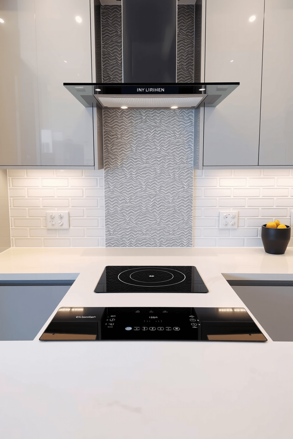 A modern kitchen featuring an induction stove designed for energy efficiency. The sleek black surface of the stove is integrated into a minimalist countertop made of white quartz. Surrounding the stove are high-gloss cabinets in a soft gray finish, providing ample storage space. A stylish backsplash of textured subway tiles adds visual interest and complements the overall design.