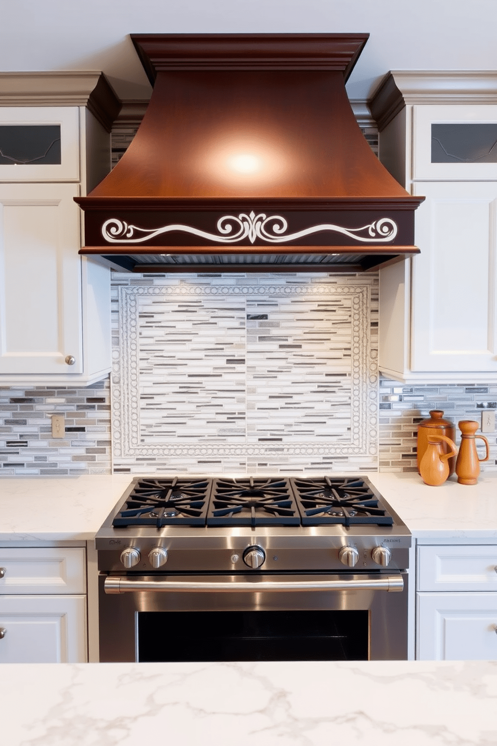 A stunning kitchen featuring a sleek stove with a decorative range hood that serves as a focal point. The range hood is adorned with intricate detailing and complements the cabinetry, creating a harmonious design. The stove is set against a backdrop of stylish backsplash tiles that add texture and color. Surrounding the stove, there are elegant countertops made of quartz, providing both functionality and beauty.