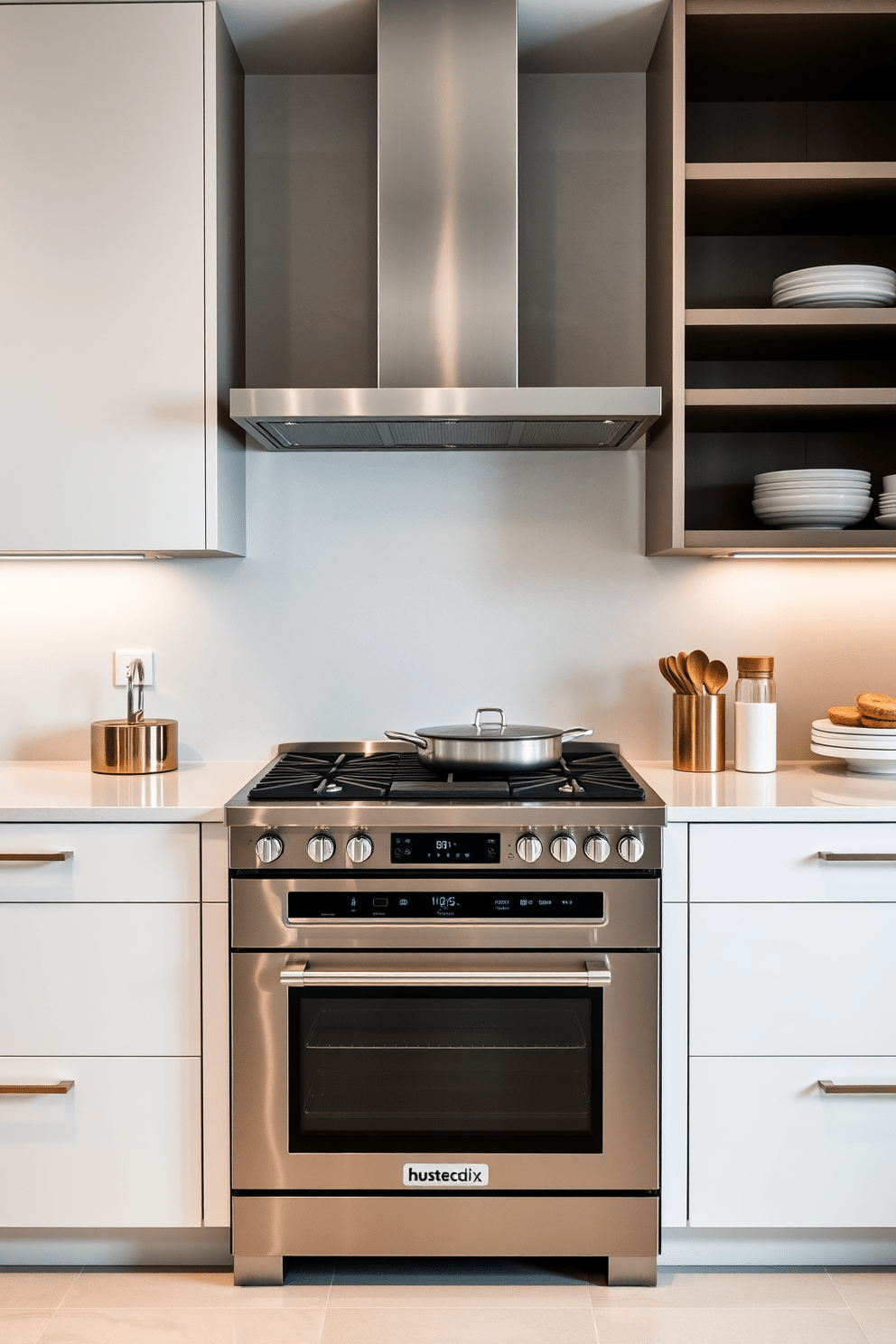 A sleek stainless steel kitchen stove stands prominently in a modern kitchen setting. The design features clean lines and a minimalist aesthetic, complemented by a seamless backsplash and quartz countertops. The stove is equipped with advanced cooking technology, including touch controls and smart features for convenience. Surrounding the stove are elegant cabinetry and open shelving, showcasing stylish kitchenware and accessories.
