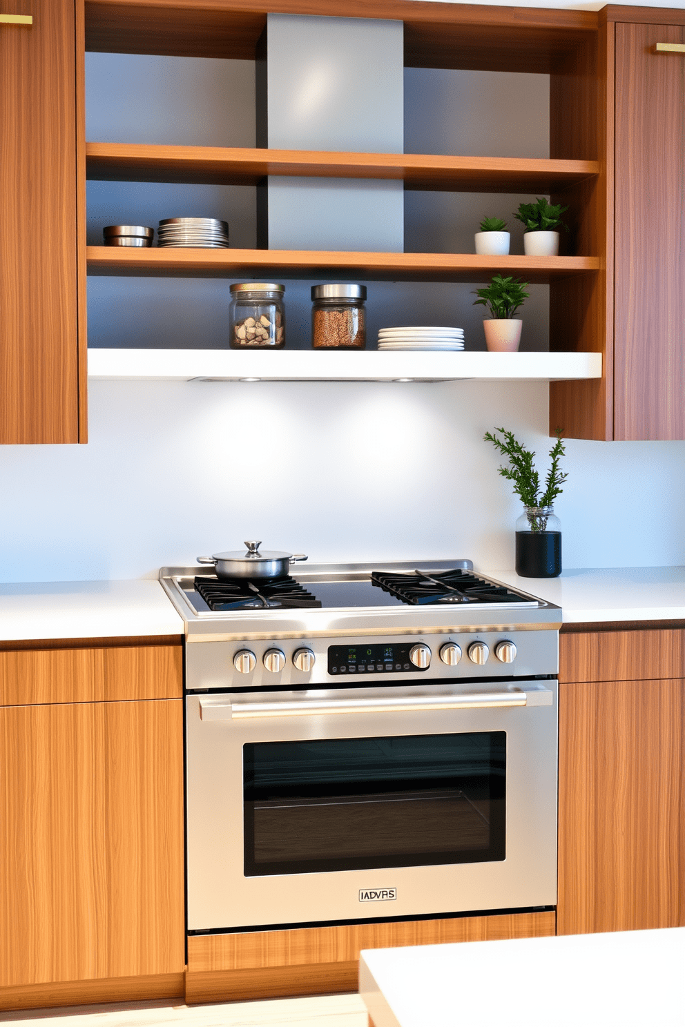 A modern kitchen featuring a sleek stove integrated into a minimalist design. Open shelving above the stove provides easy access to cookware and spices, enhancing both functionality and style. The stove is surrounded by a clean, white backsplash that complements the warm wood tones of the cabinetry. A set of decorative jars and potted herbs adorn the open shelves, adding a touch of personality to the space.