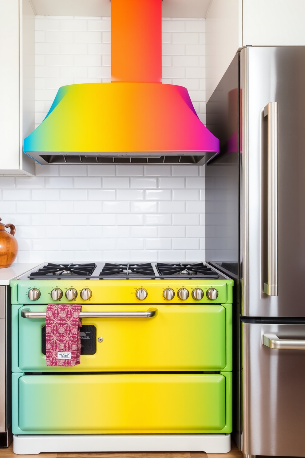A vibrant kitchen with a stove featuring a colorful enamel finish. The stove is positioned against a backdrop of white subway tiles, complemented by sleek stainless steel appliances.
