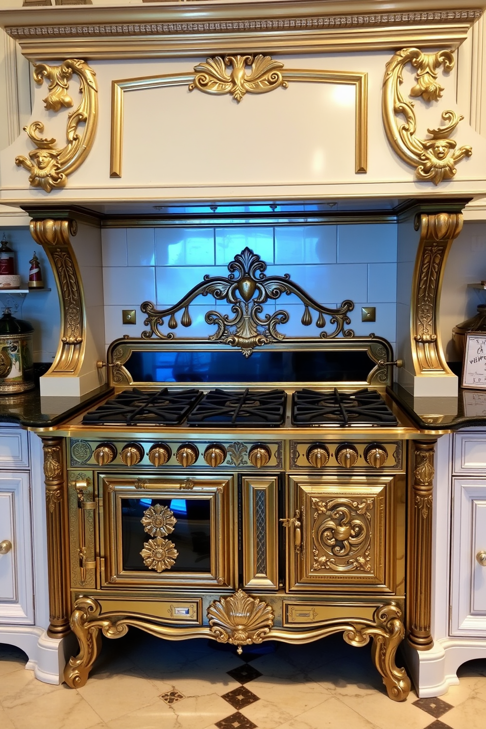 An elegant kitchen stove featuring ornate details. The stove is adorned with intricate carvings and a polished brass finish, standing out as a centerpiece in a luxurious kitchen.