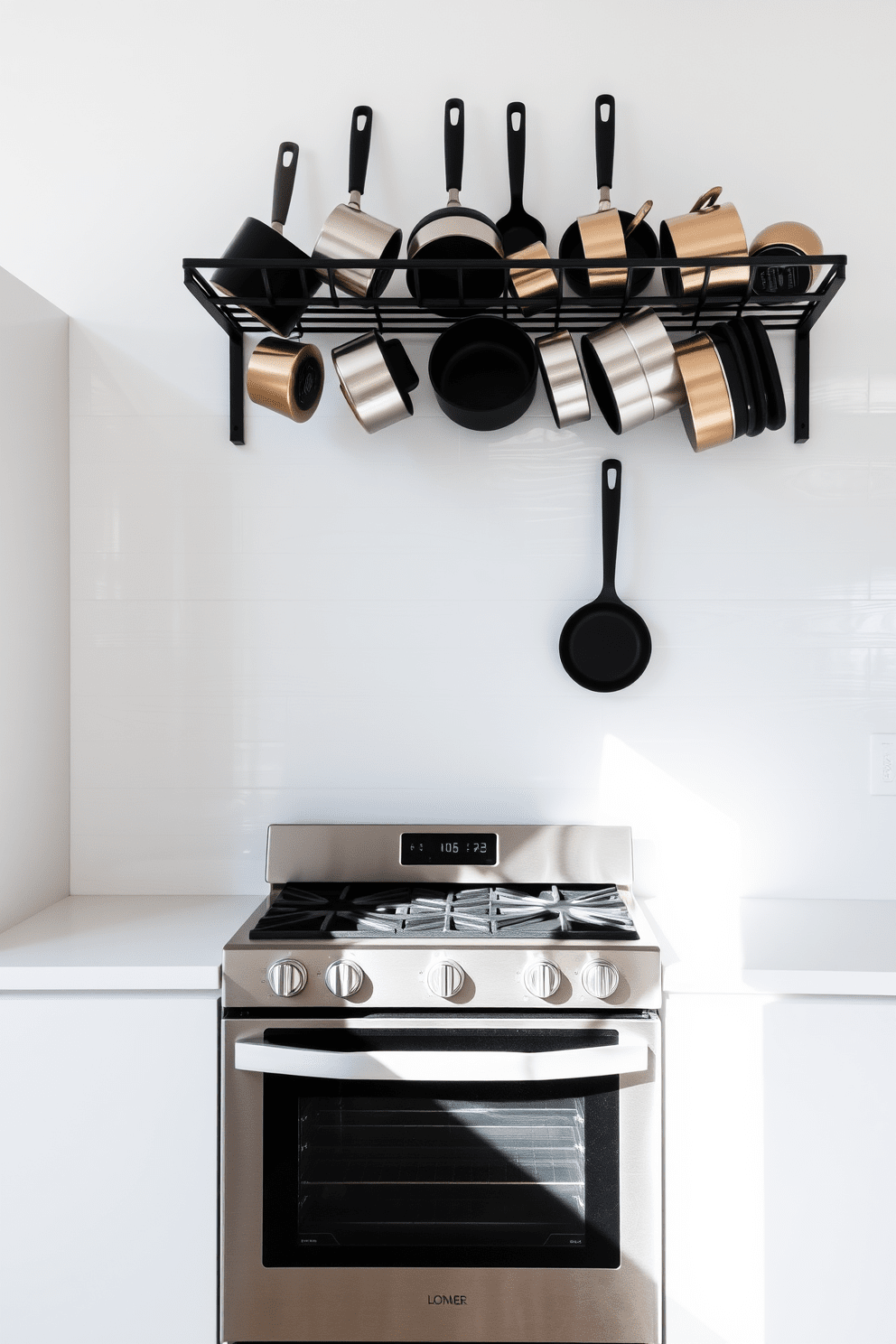 A sleek kitchen stove is positioned against a backdrop of smooth white tiles, creating a clean and modern aesthetic. Above the stove, a minimalist wall-mounted pot rack showcases an array of stylish cookware, adding both function and elegance to the space. The stove features a stainless steel finish with intuitive controls, seamlessly blending into the overall design. Natural light floods the area, highlighting the simplicity and sophistication of the kitchen's layout.