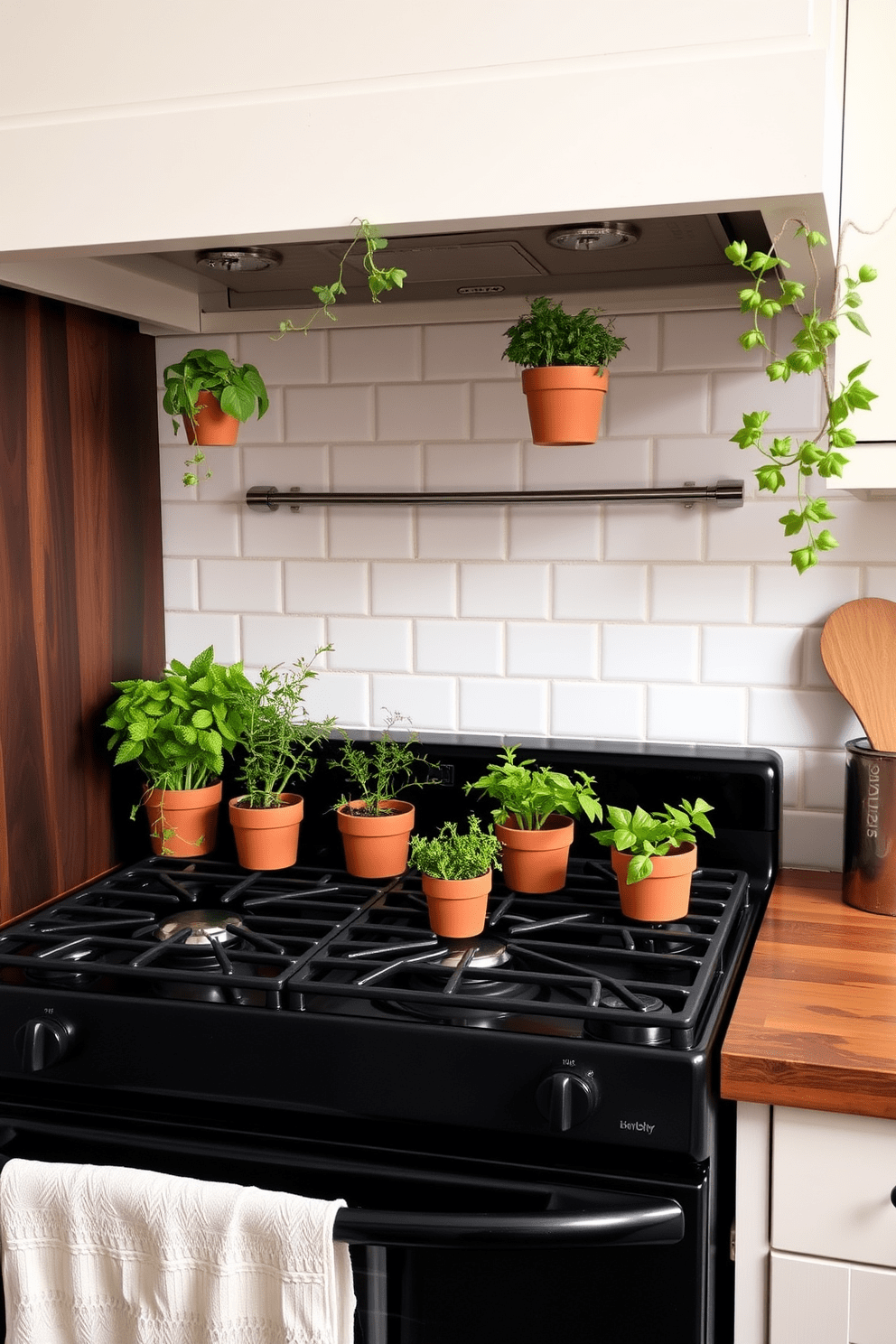 A cozy kitchen stove area adorned with fresh herbs in small terracotta pots and vibrant green plants. The stove is surrounded by a rustic wooden countertop, complemented by a stylish backsplash featuring white subway tiles.